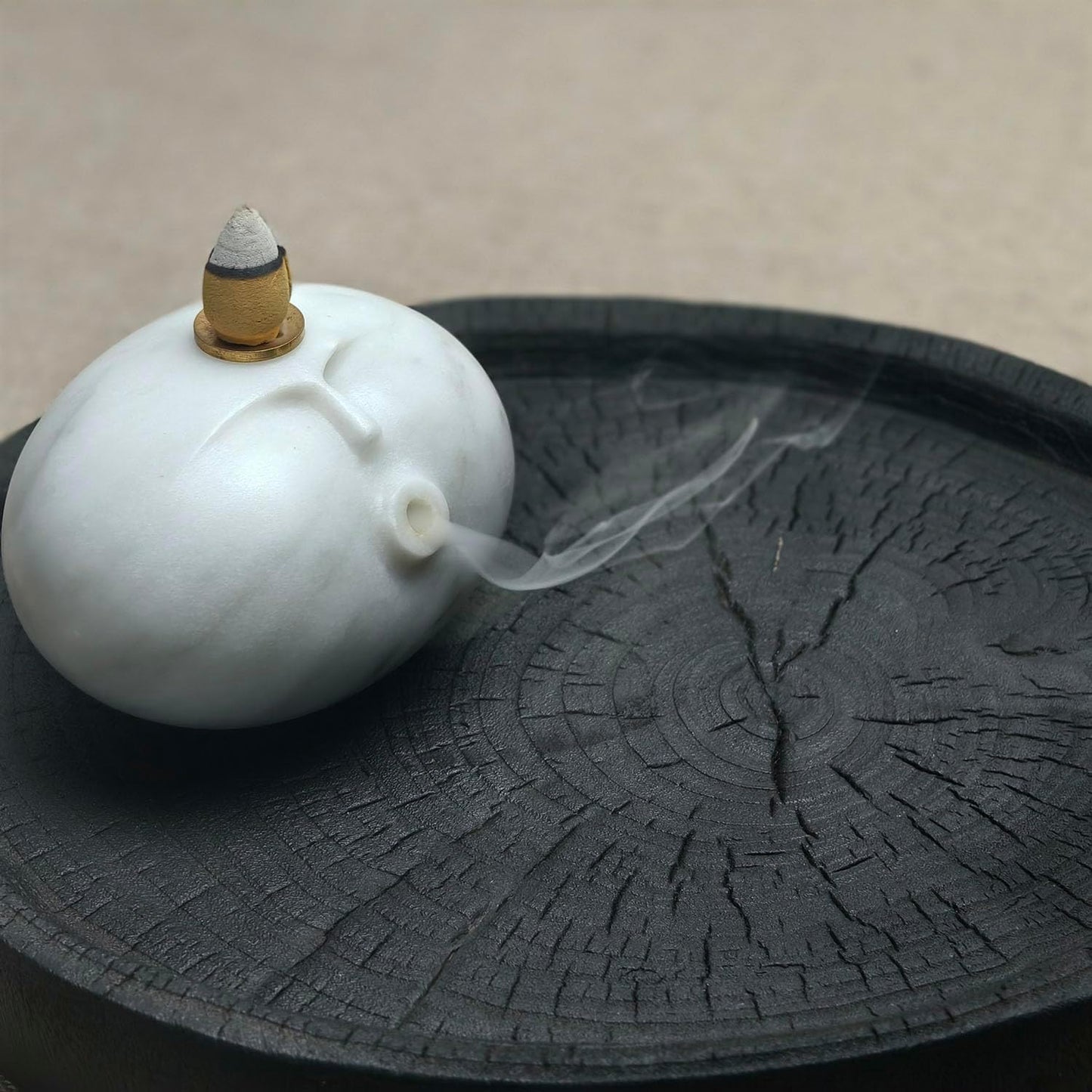 Stone Figure Incense Burner, Marble Backflow Incense Holder with Metal Pad & Mini Hat, Zen Meditation Decor, Modern Home Office Altar Statue, Unique Gift in Black & White (White)