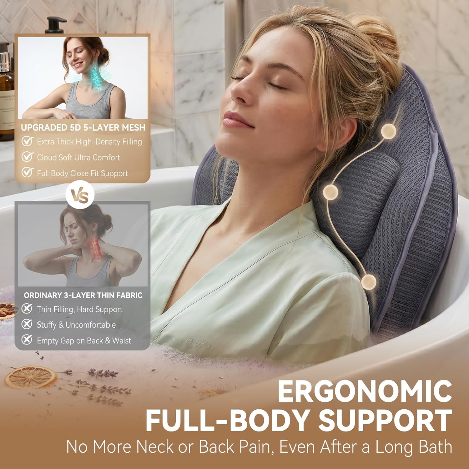 Poemland Bath Pillow for Tub, Extra Thick Full Body Bath Pillow with Head & Neck Support, 5D Mesh Breathable Spa Cushion, 144 Non-Slip Suction Cups, Quick Dry for Home Spa Relaxation, Grey
