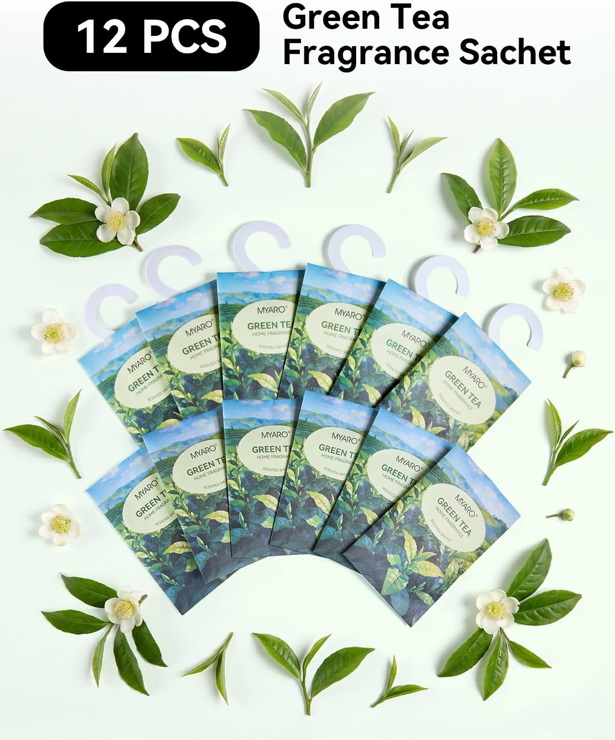 MYARO Hanging Sachets Air Freshener for Home: 12 Packs Clean & Fresh Hanging Scented Sachet Bags for Closet, Clothes, Lingerie Drawer, Car, Bedroom, Laundry Fragrance Gift for New House (Green Tea)