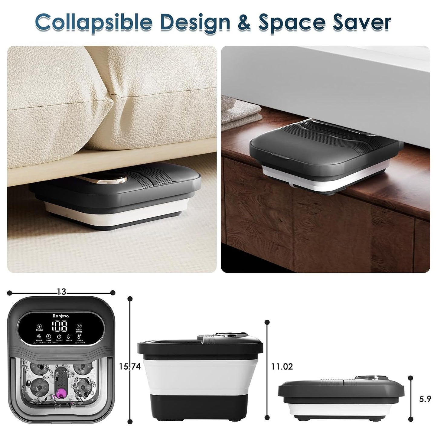 Collapsible Foot Spa Electric Rotary Massage, Foot Bath with Remote Control, Heat, Bubble, Temp Control, and 24 Motorized Shiatsu Massage Balls, Pedicure Foot Spa Tub for Stress Relief (Black)