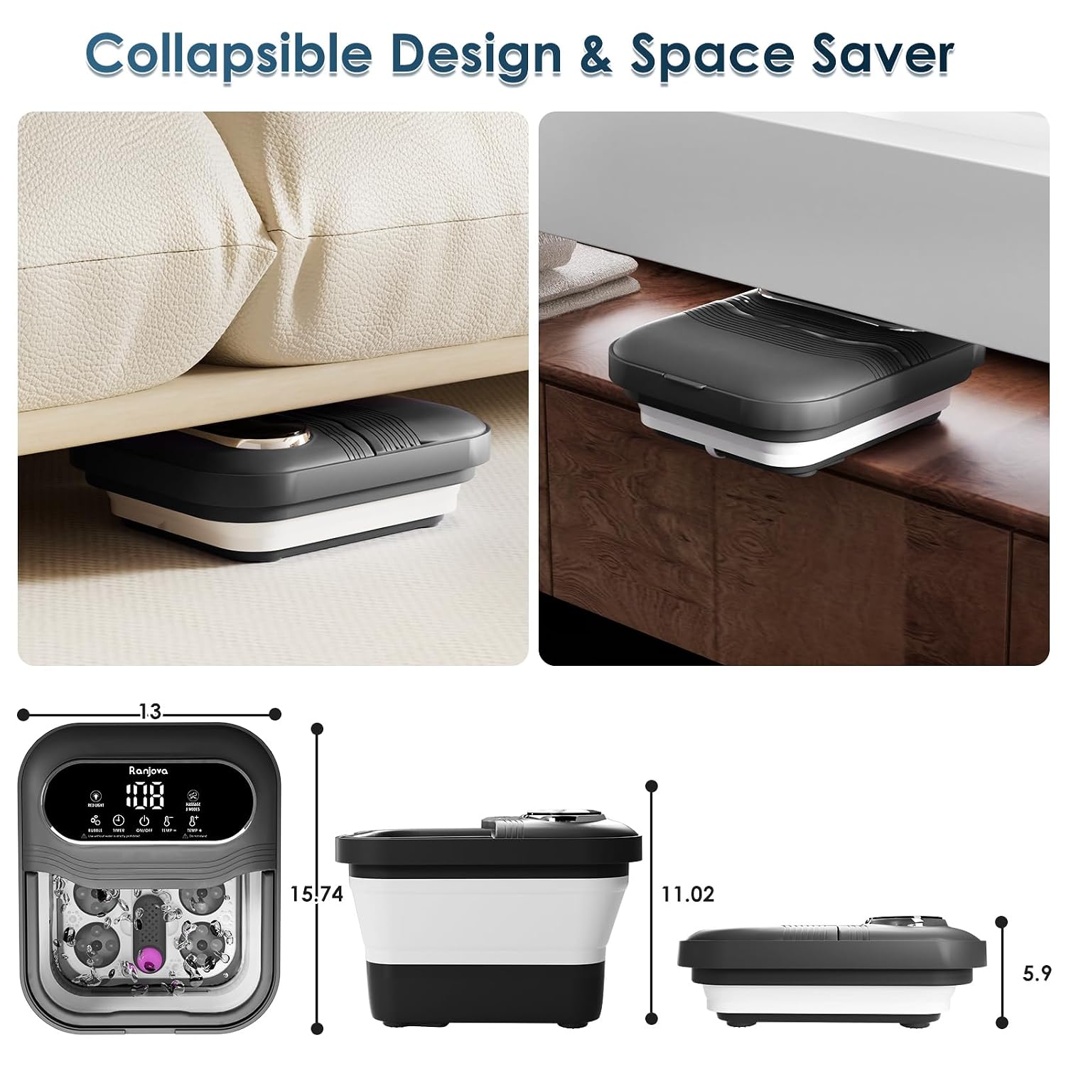Collapsible Foot Spa Electric Rotary Massage, Foot Bath with Remote Control, Heat, Bubble, Temp Control, and 24 Motorized Shiatsu Massage Balls, Pedicure Foot Spa Tub for Stress Relief (Black)