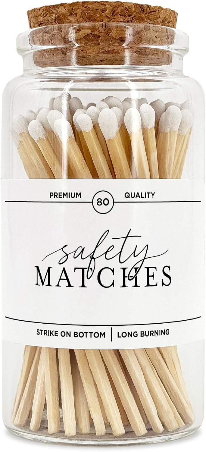 Wooden Matches in a Jar with Striker | Decorative Matches for Candles | Long Matches for Candles in Apothecary Glass Jar | Approx. 80 Safety Matches for Home Decor & Bathroom