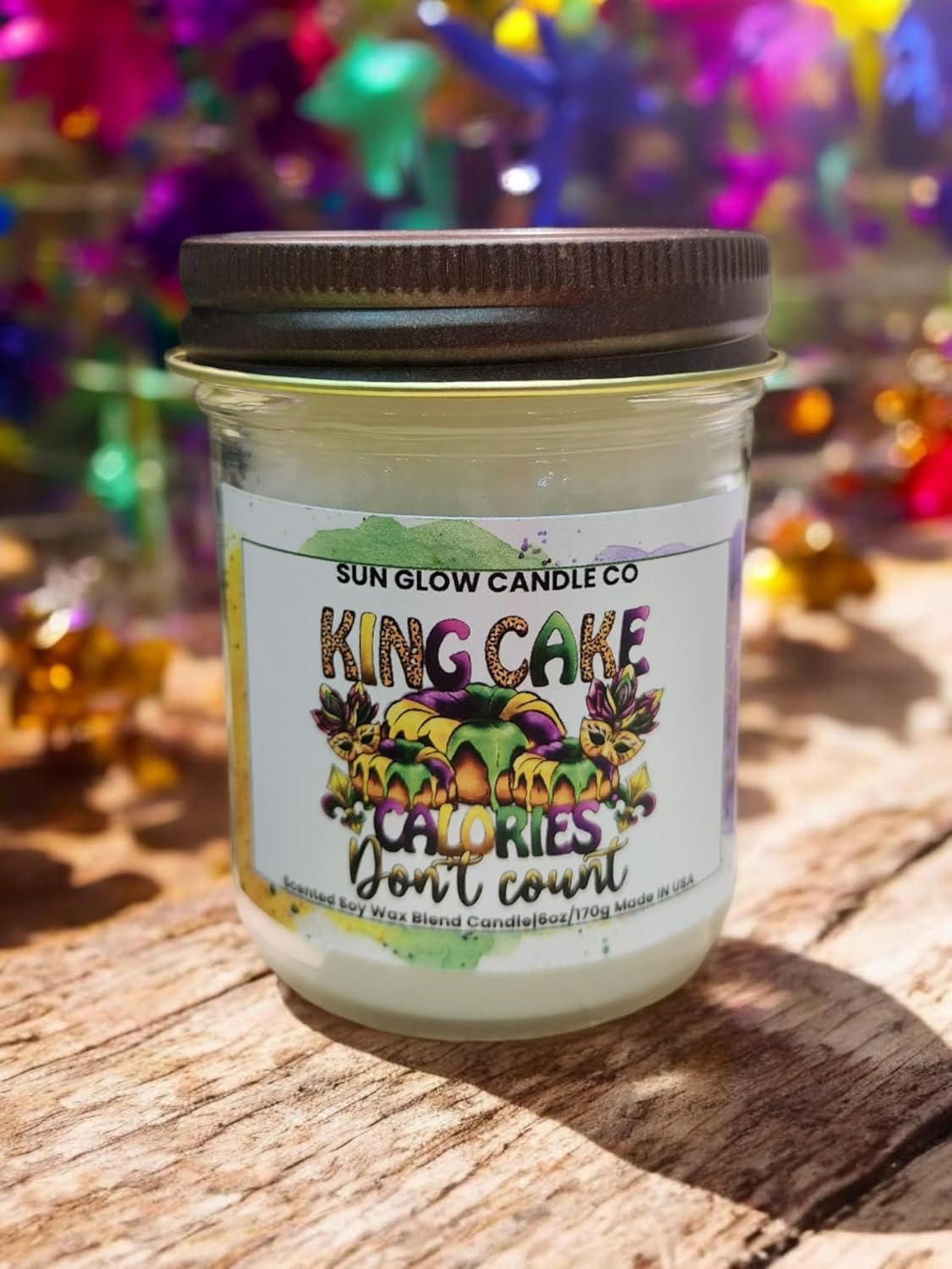 Sun Glow Candle Co| Mardi Gras| King Cake Calories Don't Count |King Cake Scented | 6oz Mason Jar Soy Wax Blend Candle