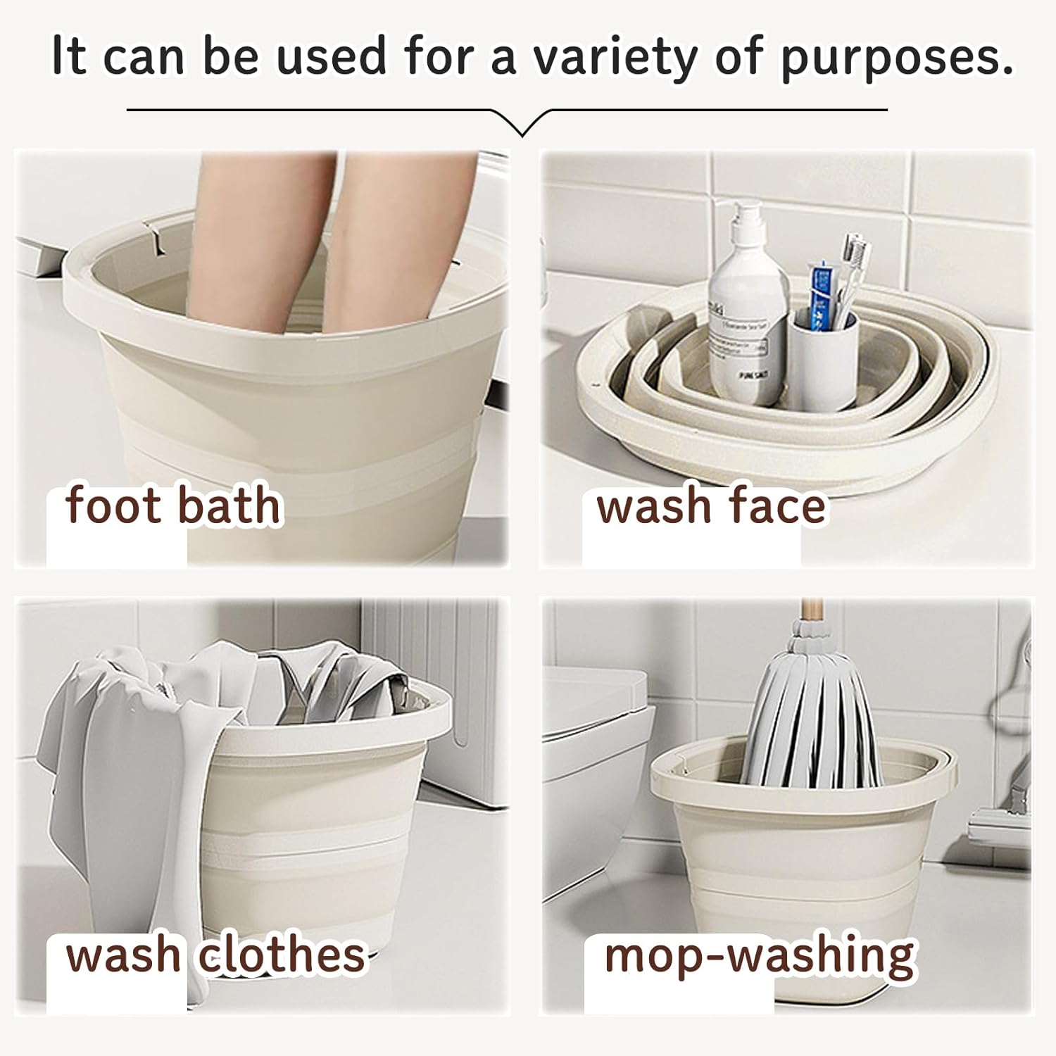 Folding Bucket, Water Bucket, 5L, 10L, Thick, Multi-Functional, Convenient, Foot Bath, Square, Stylish, Camping, Laundry, car wash, Foot Bath, Fishing (Beige-5L)