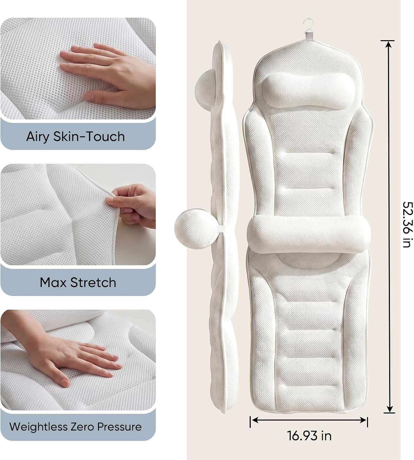 Full Body Bath Pillow for Bathtub, Adjustable Bathtub Pillows for Head and Neck Support, Extra Long Thick Bathtub Cushion with 192 Non-Slip Power Suction Cups, Spa Present Bath Pillow (52" x 17")
