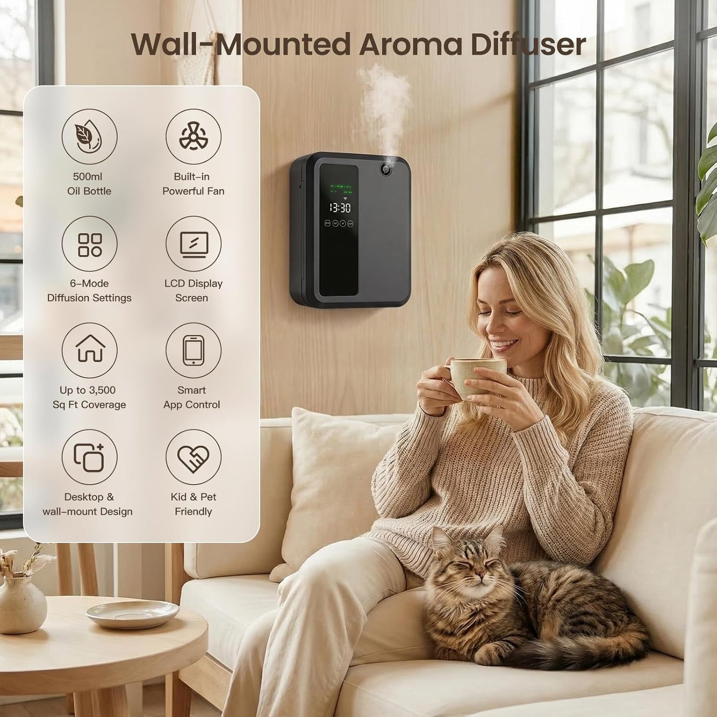 Waterless Essential Oil Diffuser for Large Room, 500ml Hotel Scent Diffuser, Cold Air Scent Machine, Covers Up to 3500 Sq Ft, Smart App Control, Wall Mounted, Fragrance Diffuser for Office Spa Home