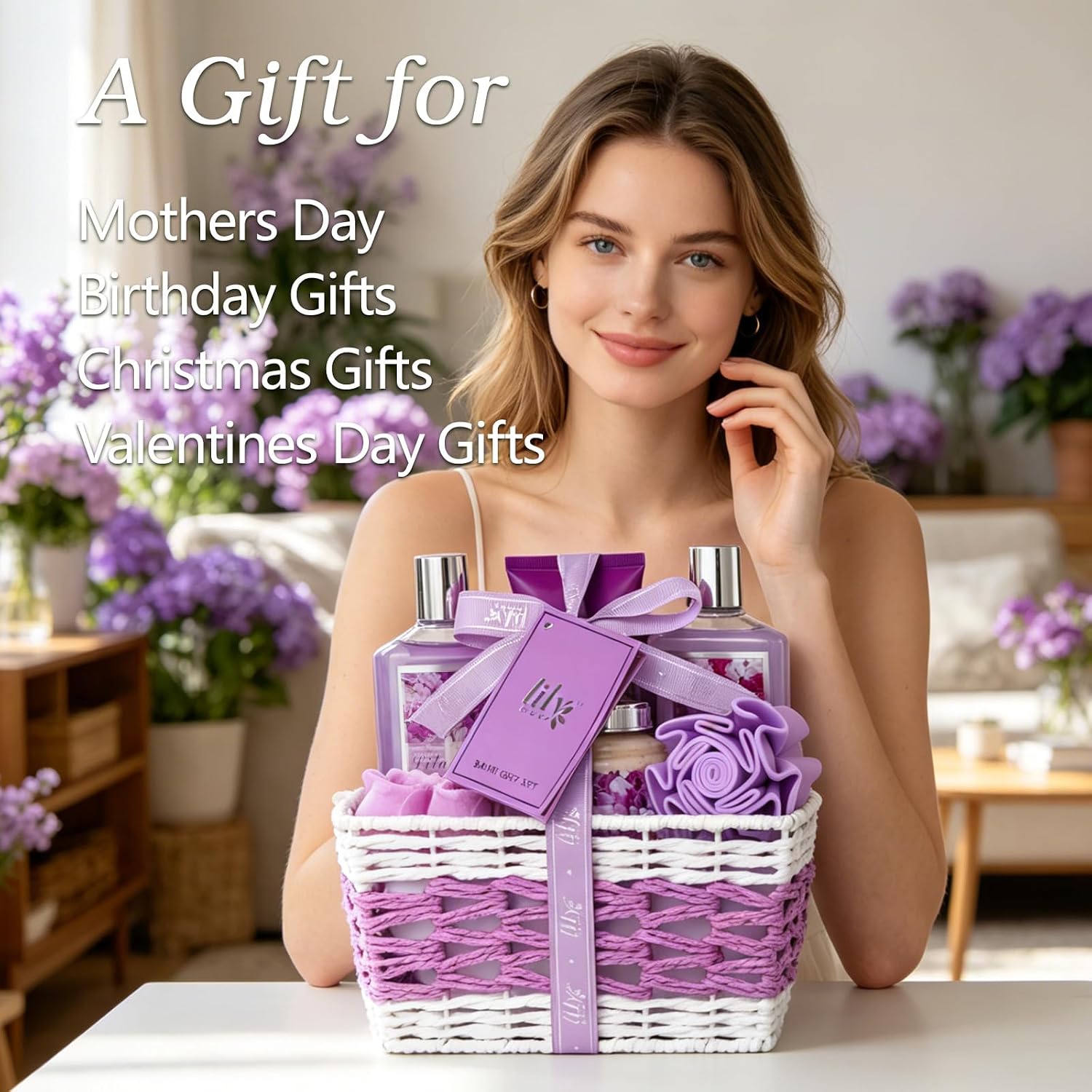 Gifts for Women, Birthday Gifts, 9 Pcs Lavender Spa Gift Baskets for Women - Bath and Body Gift Basket | Gift for Her Christmas, Mothers Day, Valentines Day, Perfect Gift for Mom All Occasion