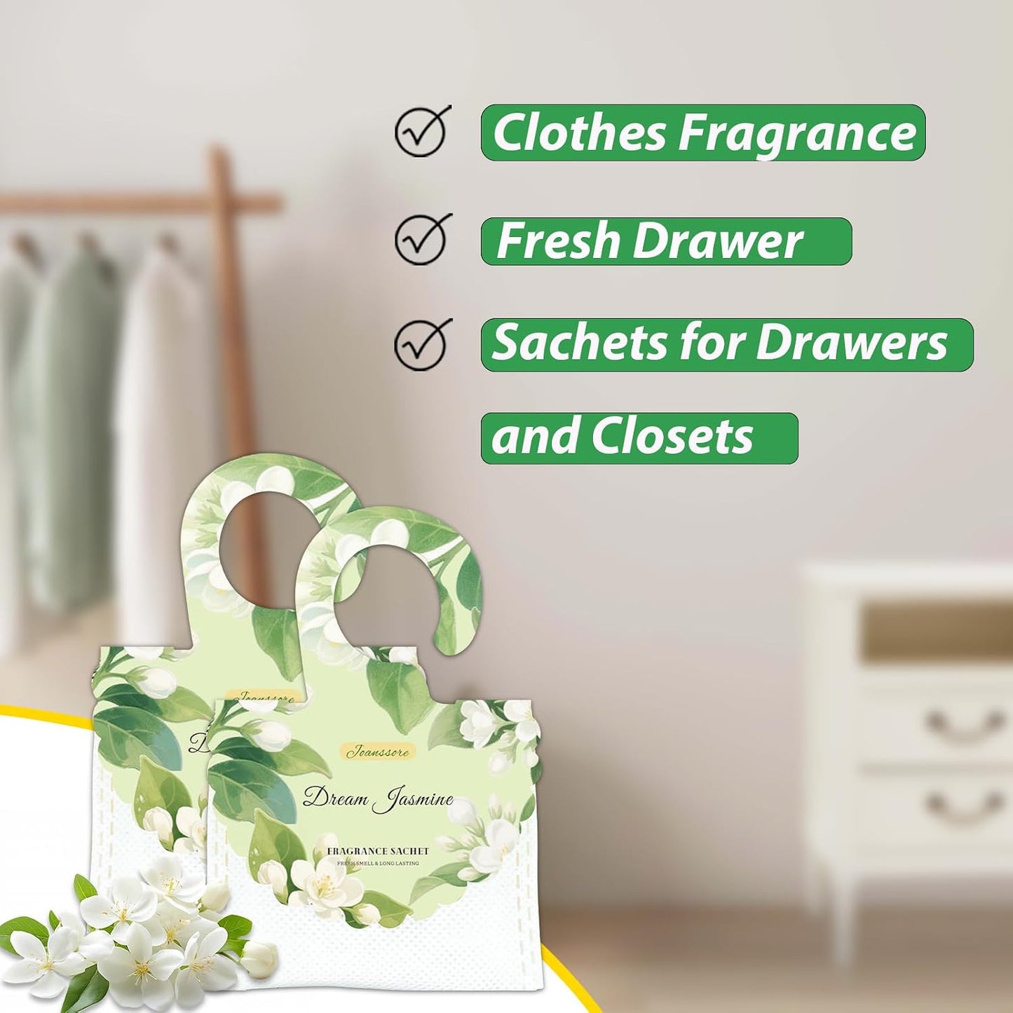 15 Packs Scented Sachets Bag for Drawers and Closets, Home Fragrance Sachet, Long-Lasting Hanging Closet Deodorizer Smell Goods for House (Dream Jasmine)