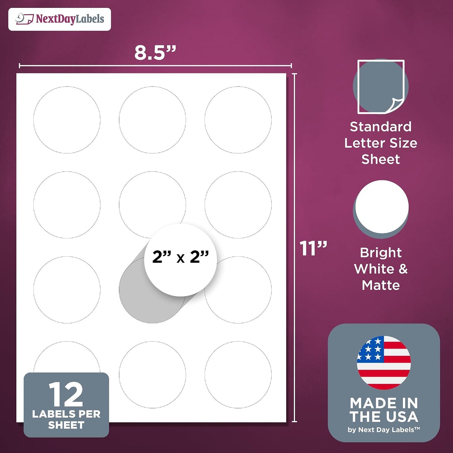 NextDayLabels 2 Inch Round Circle Stickers White for Bleeds Laser Inkjet - 12 Per Sheet Self-Adhesive Candle Jar Product Lids Made in USA - 300 Labels