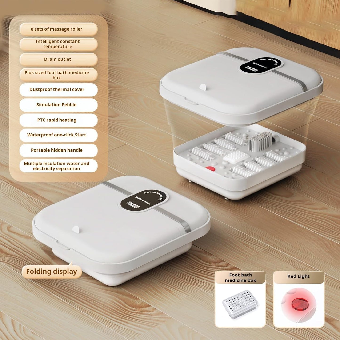 Collapasible Foot Bath, Foot Spa Bath Massager with Heat Bubble, Red Light, Timer & Temperature Control, Foot Soaking Tub, Pedicure Bowl Tub, Heated Foot Basin Bucket for Foot Care White