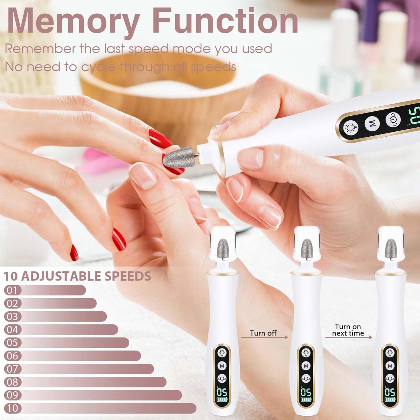 Hoxida Cordless Electric Nail Drill: 10-Speed Professional Nail File with 360° LED Light for Manicure Shaping & Gel Removal, Nail Art Practice Essentials,Home DIY & Portable Travel Use