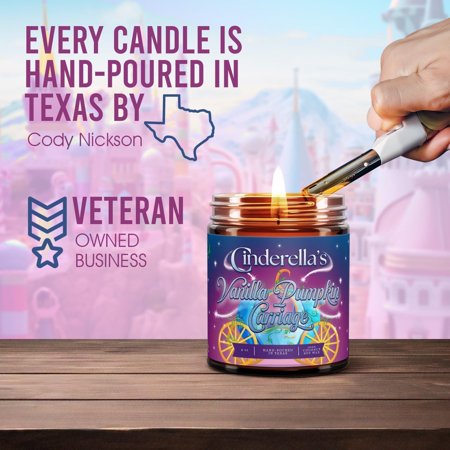 Fantaswick's Cinderella's Vanilla Pumpkin Carriage Scented Candle | 100% Natural Coconut Soy Wax & Cotton Wick in Amber Candle Jar | Hand-Poured in Texas | 9oz