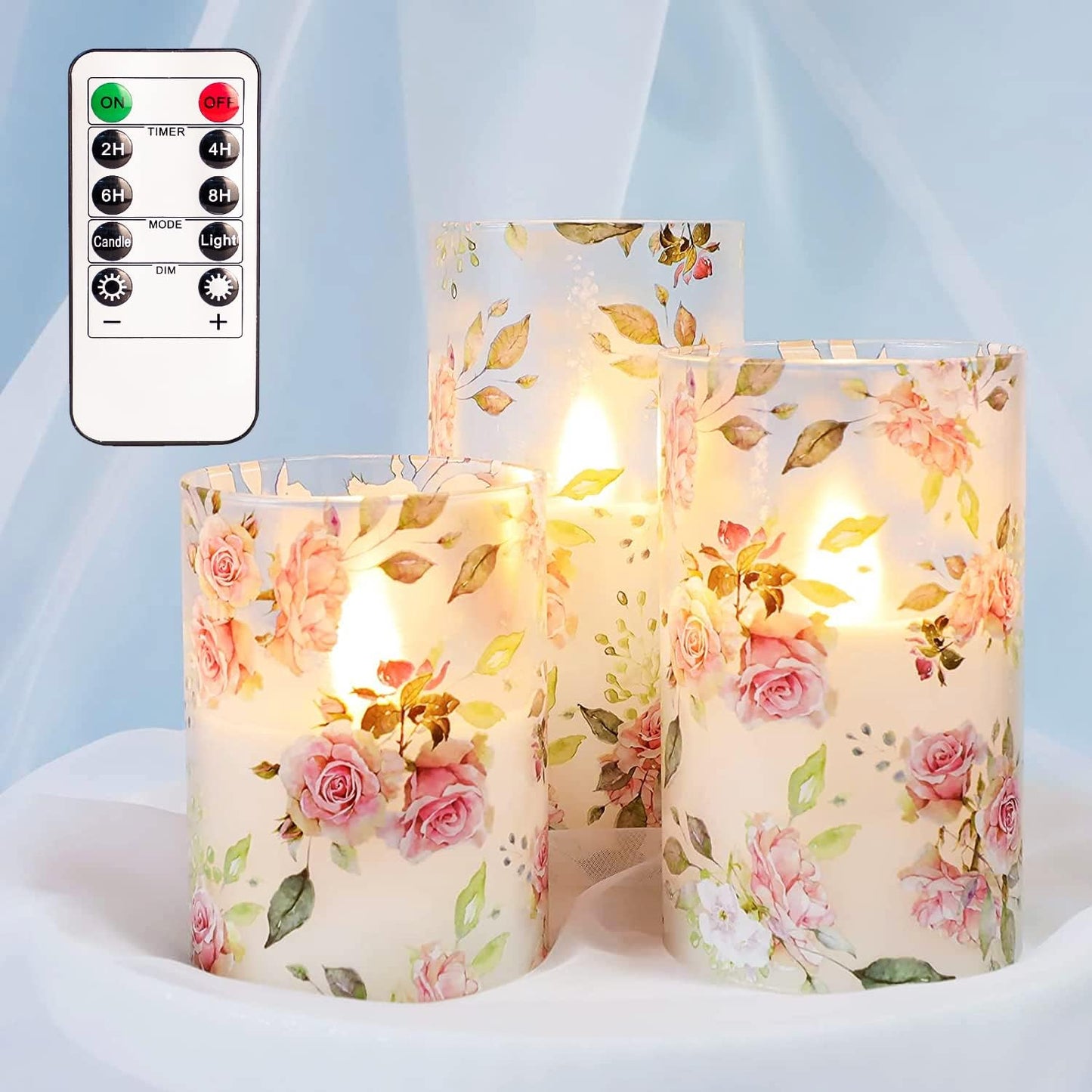 Rose Flameless Candles Love Theme Battery Operated Glass Flickering LED Candle with Remote Pink Flower Decal Realistic Pillar Candles Bedroom Home Decor Table Ornament