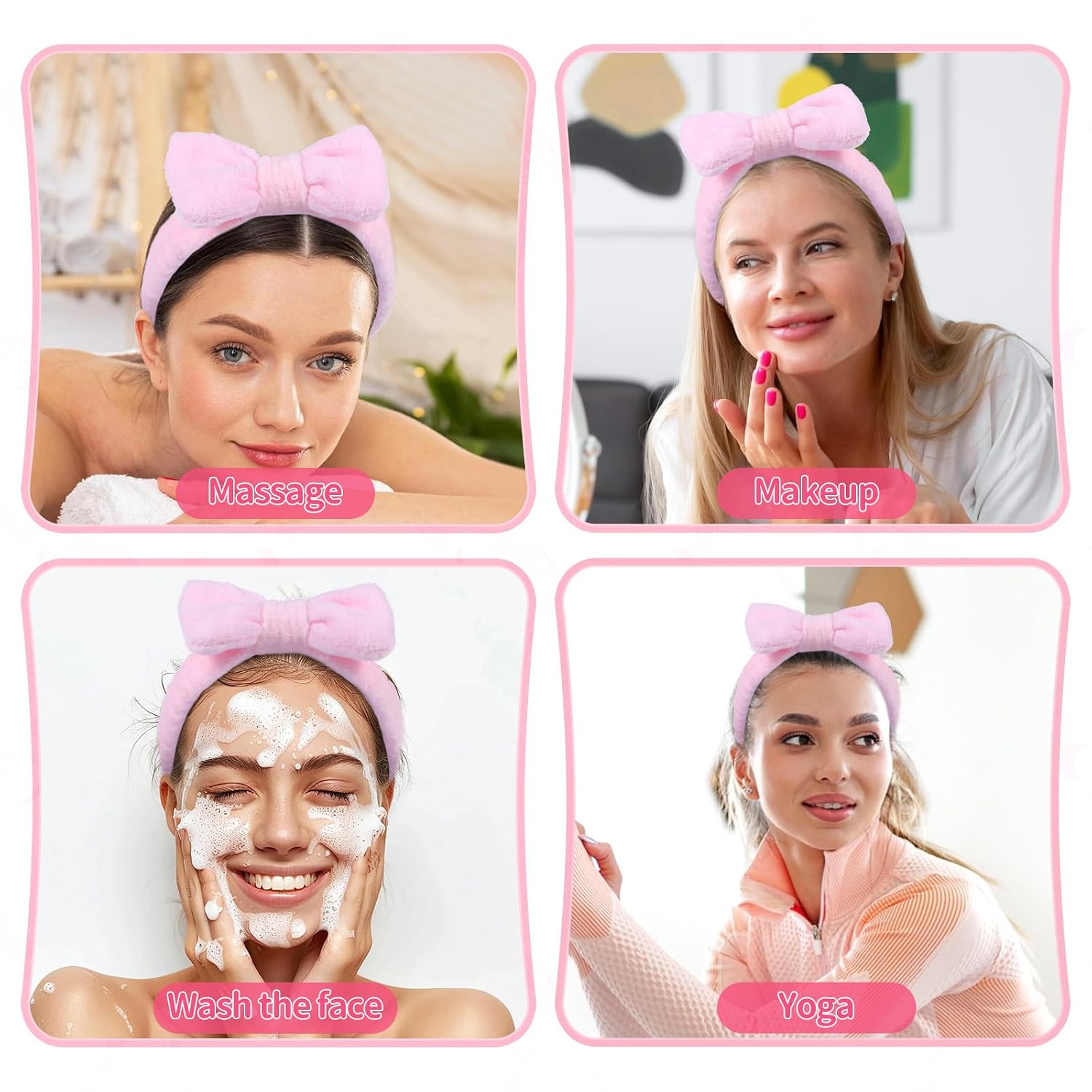 20 PCS Spa Headband Bulk, Pink Spa Headbands for Women, Hair Band for Washing Face Beauty Shower Skincare, Elastic Bowknot Make up Headband
