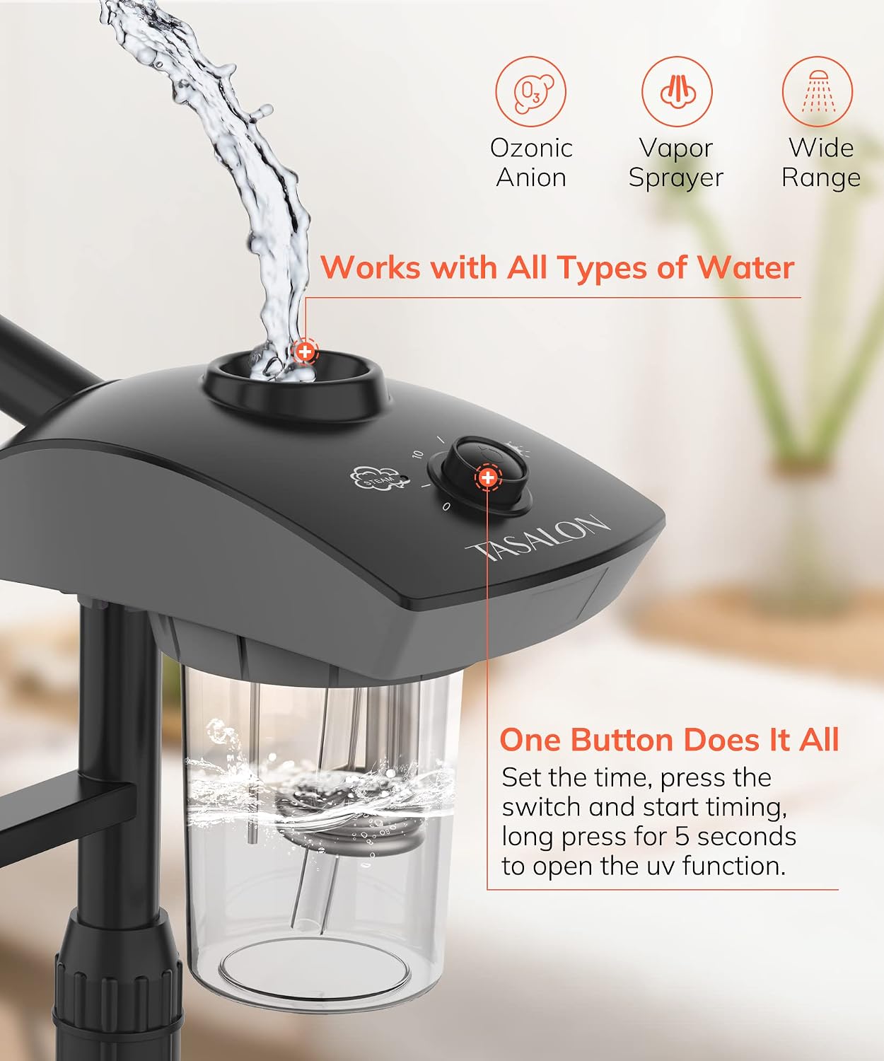 TASALON Professional Ionic Facial Steamer, 2-in-1 Face Steamer for Facial with 5X Magnifying Foldable Arm, Mist Face Steamer Salon Spa Beauty Skin Care Equipment, Aroma Therapy Nozzle Included- Blcak