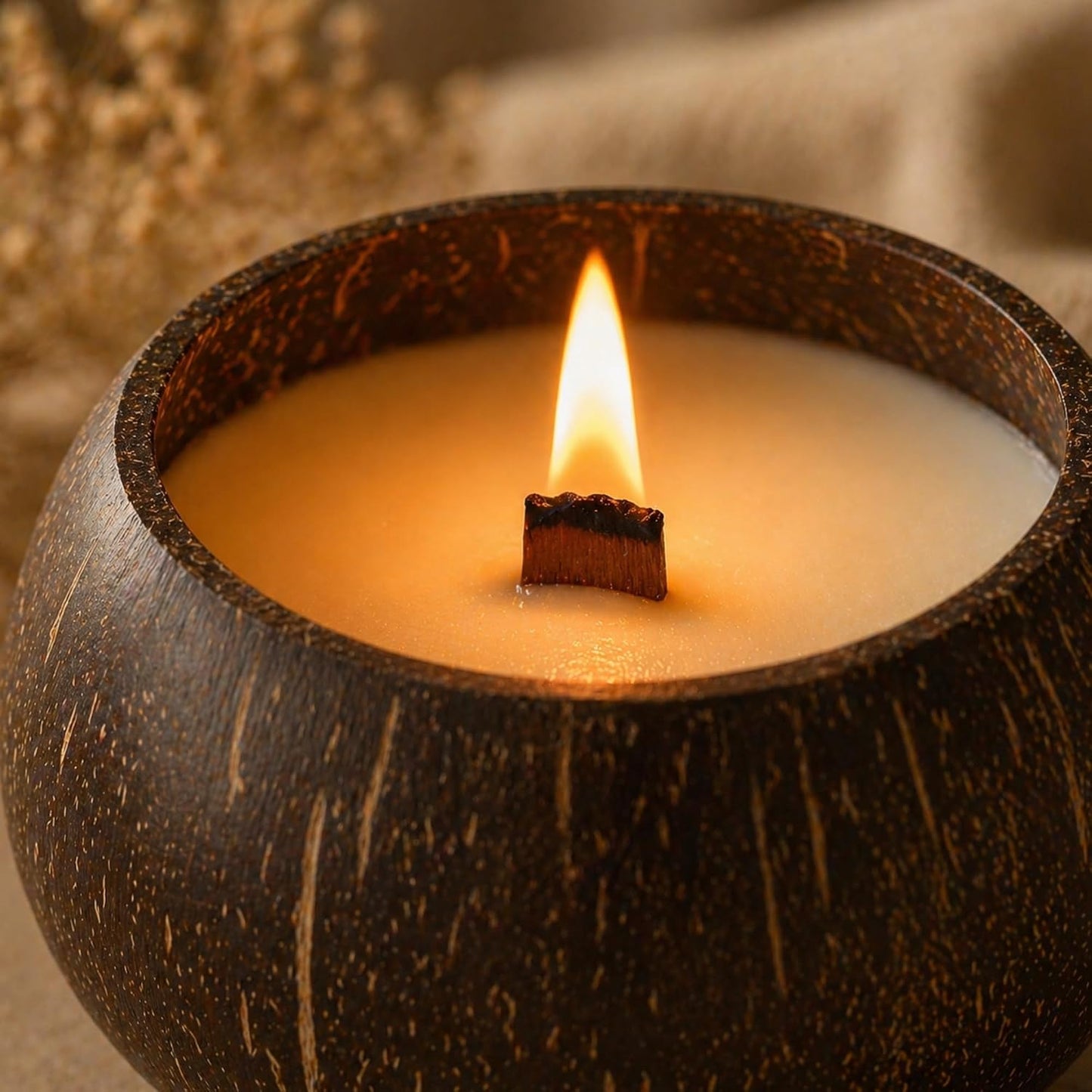 Coconut Soy Candle in Natural Coconut Bowl Wooden Wick – AURA by DG (Norway Forest)