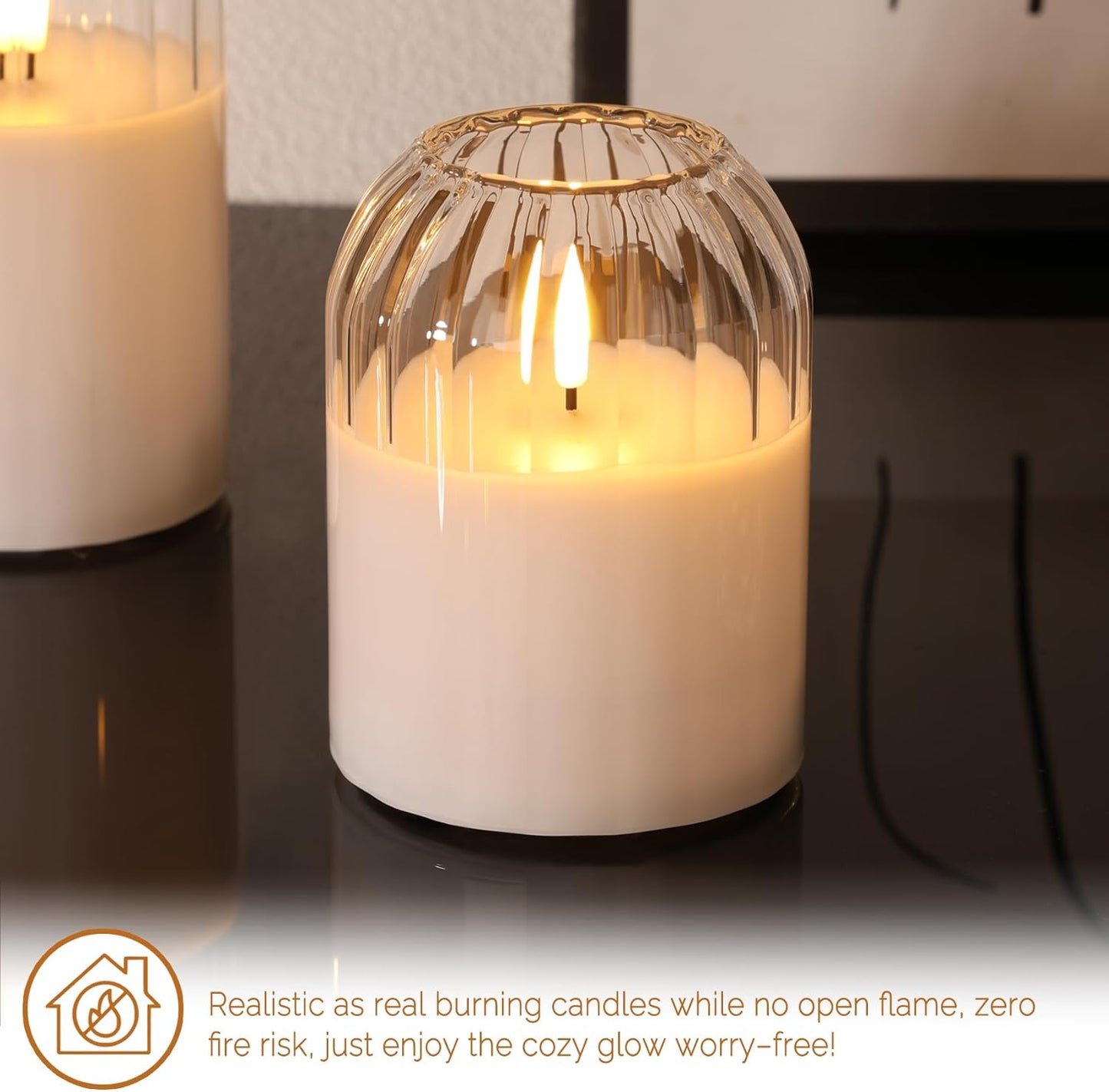 Clear Glass Flameless Candles with Remote, Flickering LED Pillar Candles Battery Powered Ribbed Dome Top Set of 3