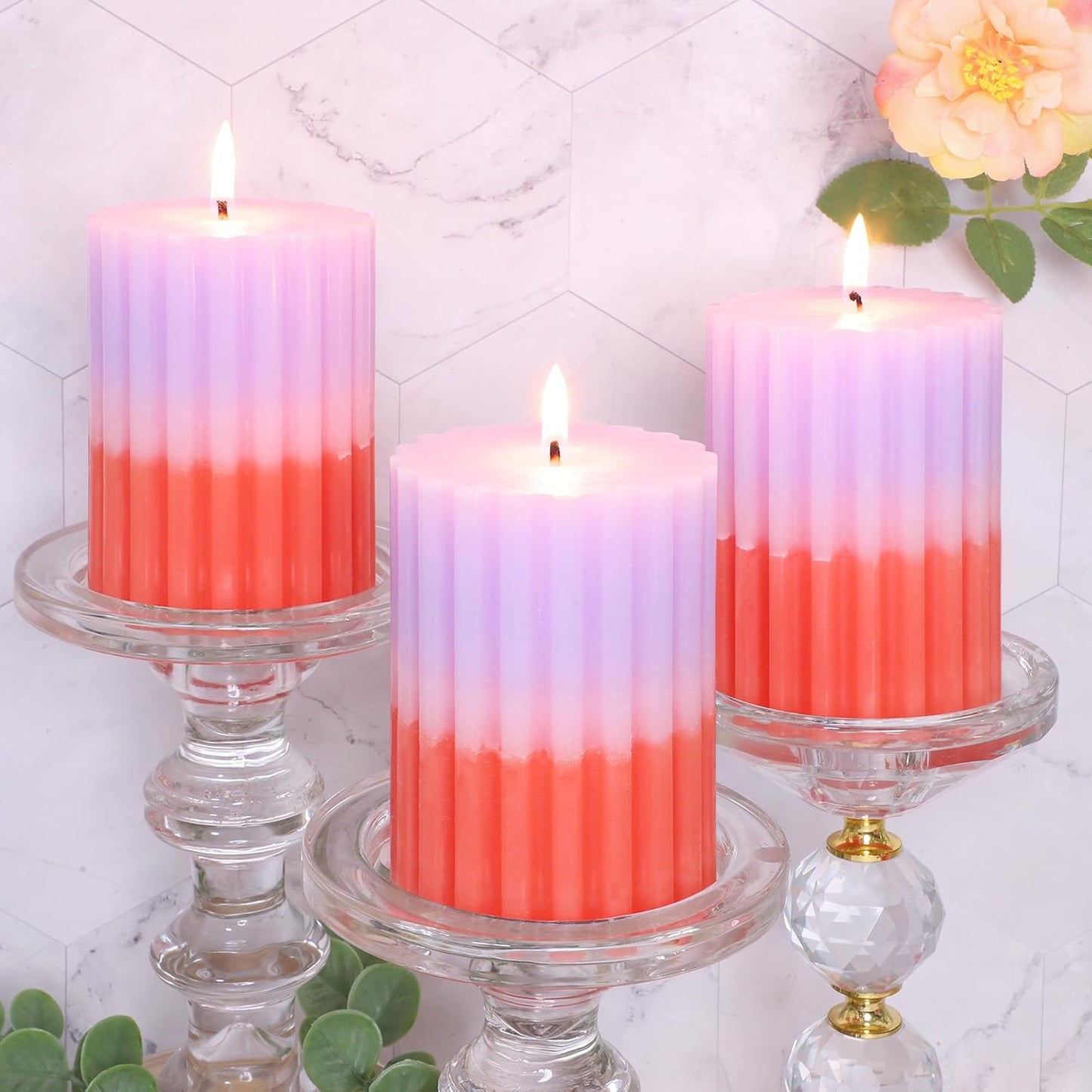 Ribbed Pillar Candles Purple Coral Gradient Vanilla Scented 3x4 Inch Candle Handmade Striped Aesthetic Retro Textured Pillar Candle for Boho Home Decor, Coffee Table, Weddings Party, 3-Pack