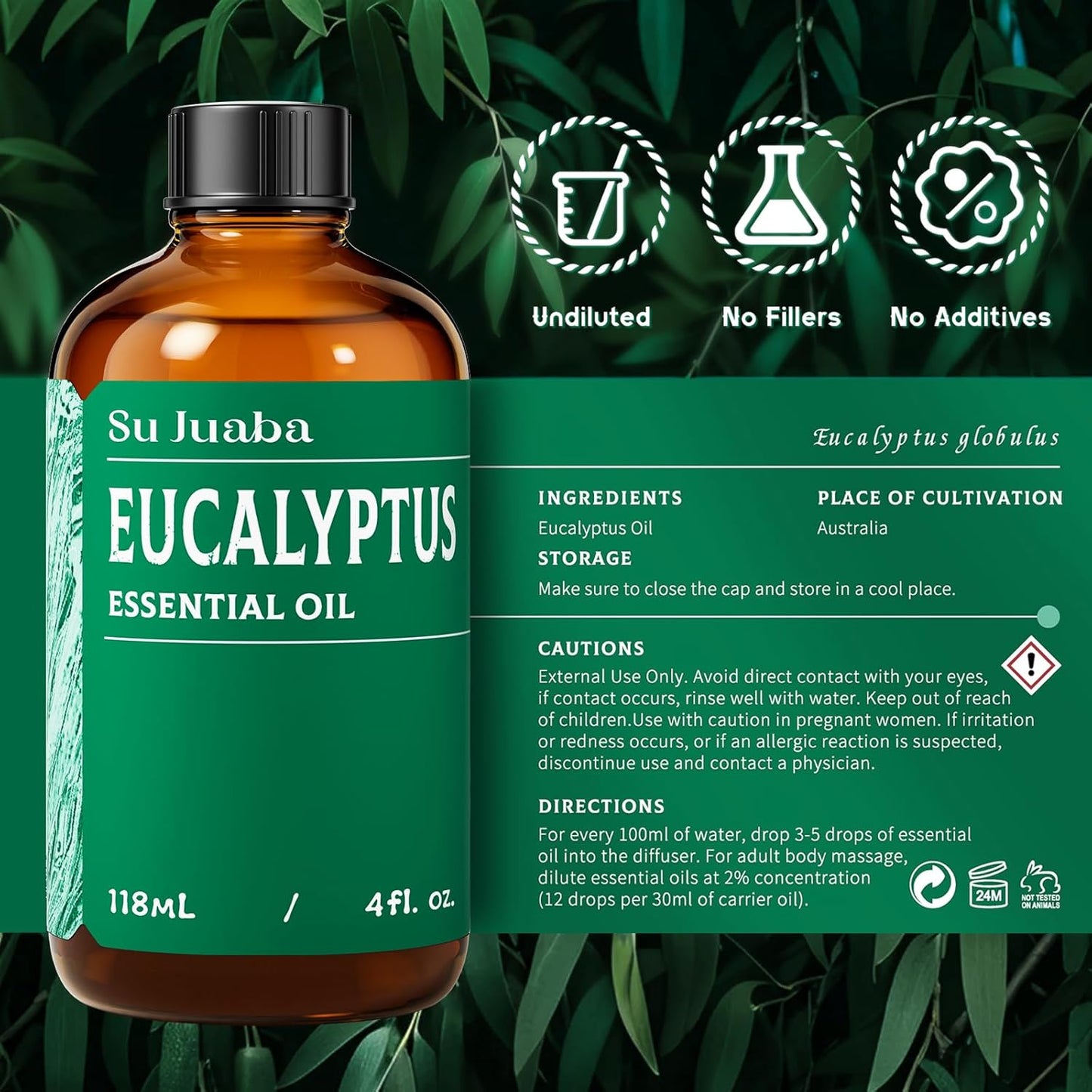 SU JUABA Eucalyptus Essential Oil 4 Fl Oz, 100% Pure Natural for Hair Care, Diffuser, Skin Care,Shower, Aromatherapy- 118ML