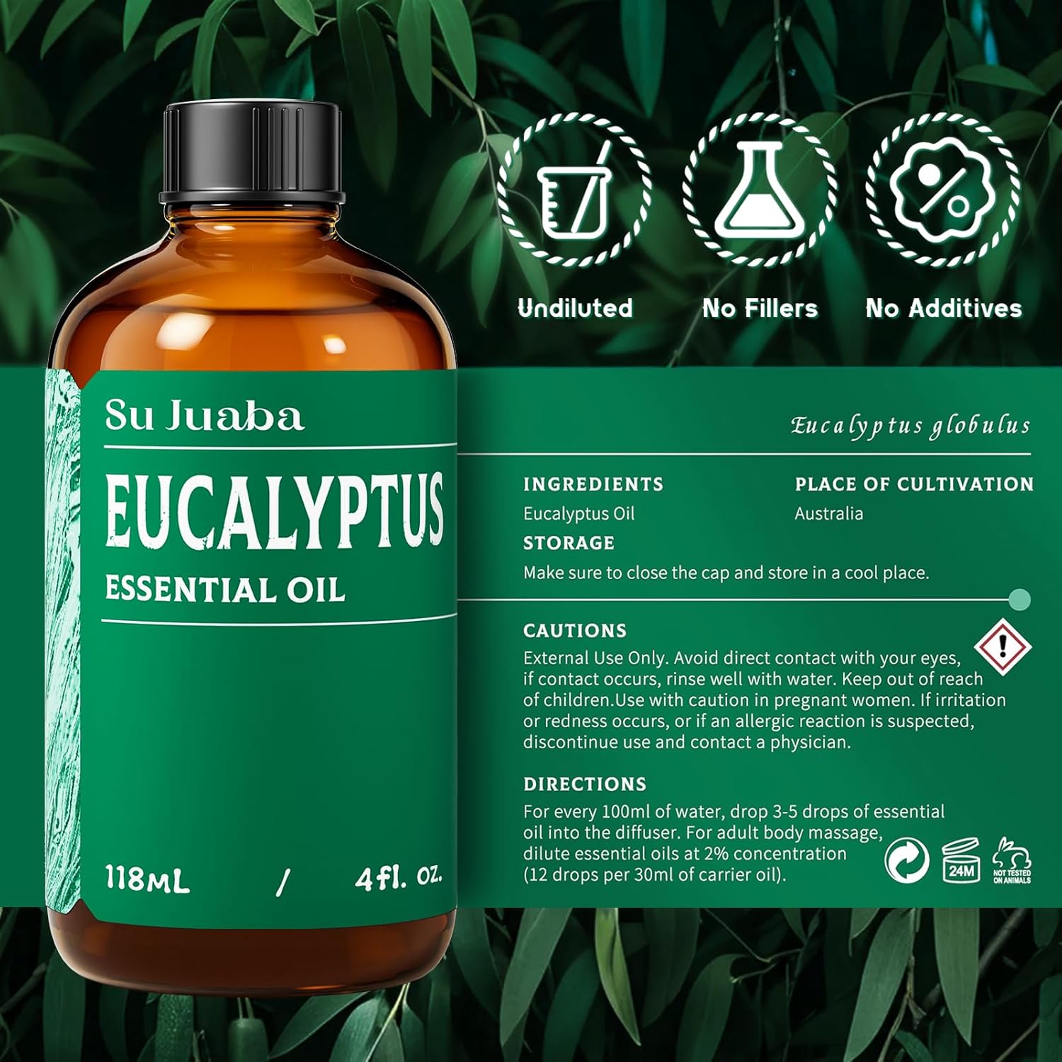 SU JUABA Eucalyptus Essential Oil 4 Fl Oz, 100% Pure Natural for Hair Care, Diffuser, Skin Care,Shower, Aromatherapy- 118ML