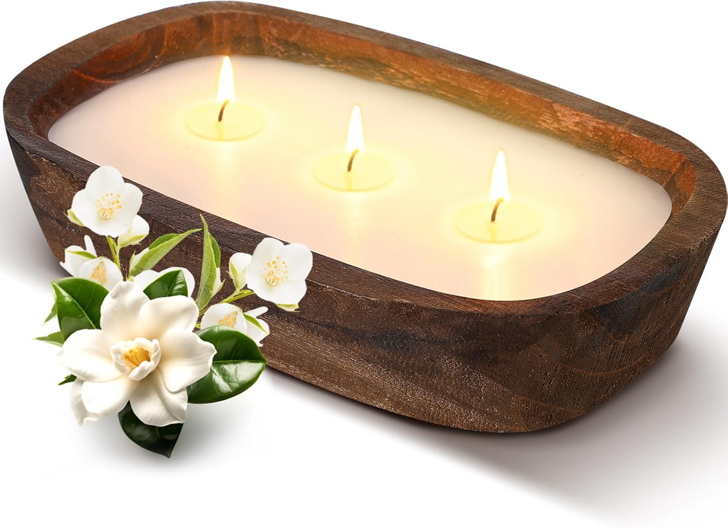 Threlaco 1 Pack 10 Inch Wood Dough Bowl Candles Home Rustic Dough Bowl Soy Candle 3 Wick Scented Candles Gifts for Men Women Farmhouse Table Centerpiece Home Decor for Christmas(Jasmine Gardenia)