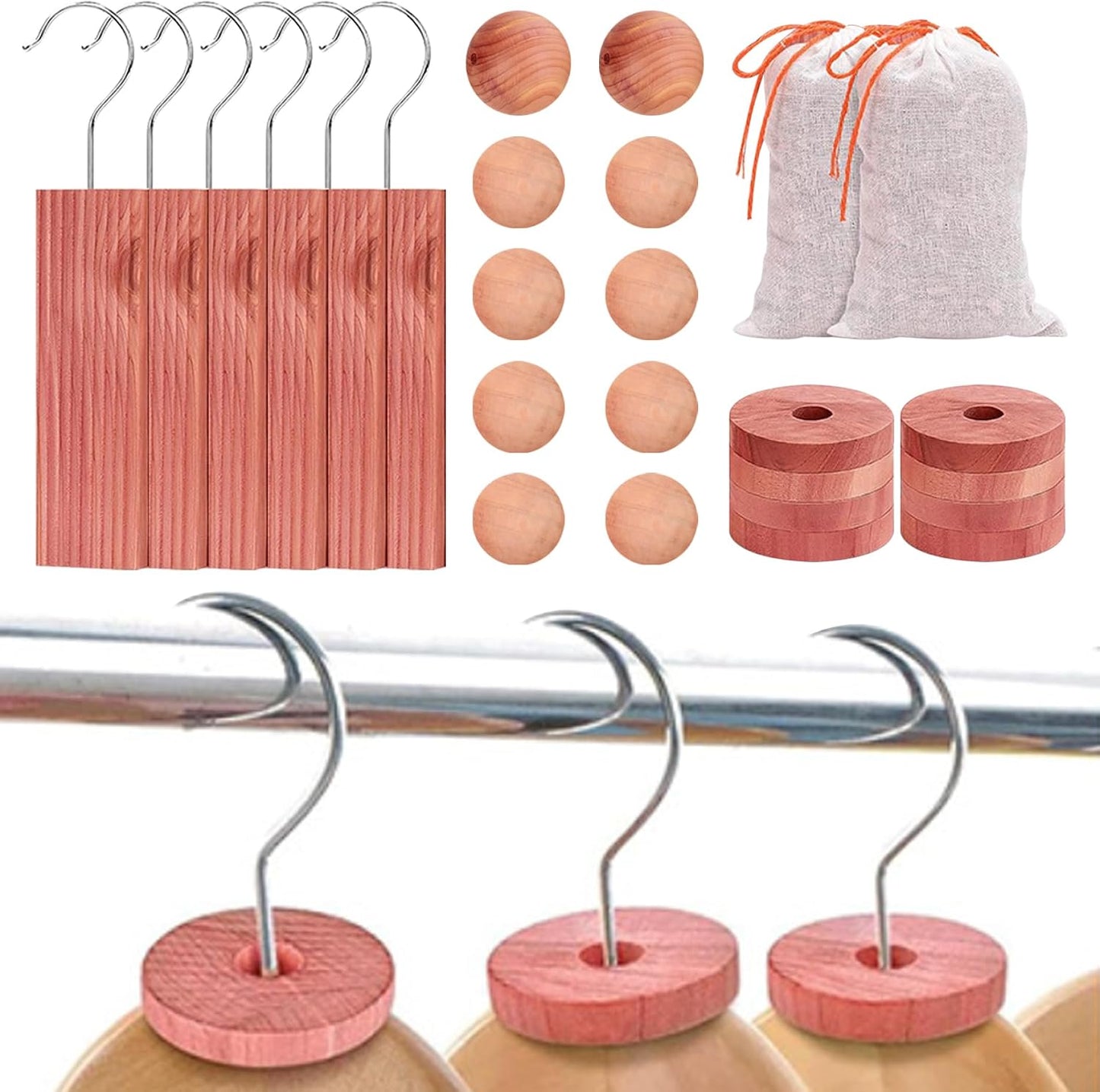 26Pcs Cedar Blocks for Clothes Storage, Aromatic Cedar Hangers, Rings and Balls, Scented Sachets, Closet Freshener for Closets, Drawers and Bookshelves ;1