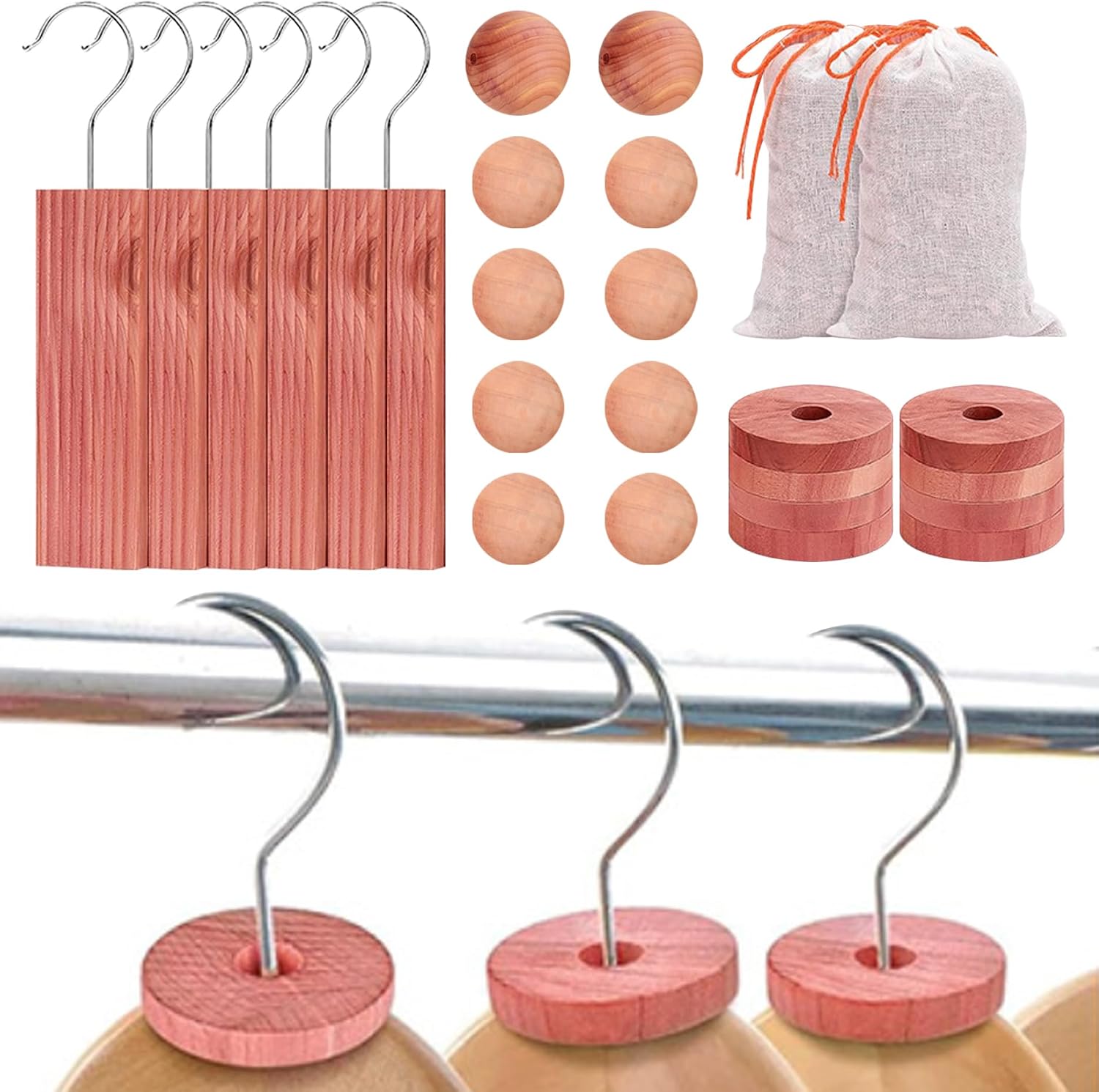 26Pcs Cedar Blocks for Clothes Storage, Aromatic Cedar Hangers, Rings and Balls, Scented Sachets, Closet Freshener for Closets, Drawers and Bookshelves ;1