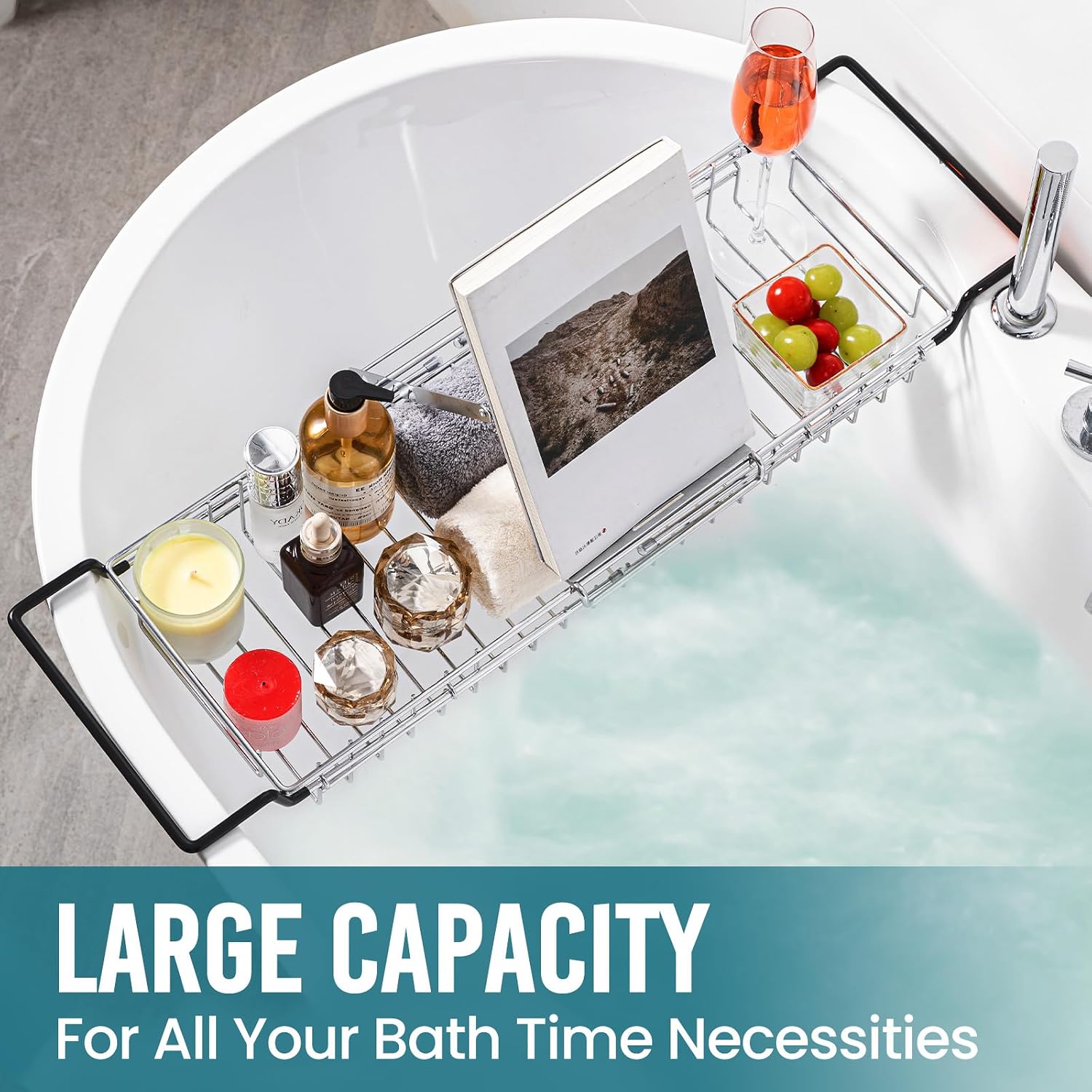 TAILI Bathtub Tray Table for Luxury Bath, Expandable Extra Wide Bthtub Caddy with Reading Holder, 304 Stainless Steel Over The Tub Bath Tray for Bathroom Accessories