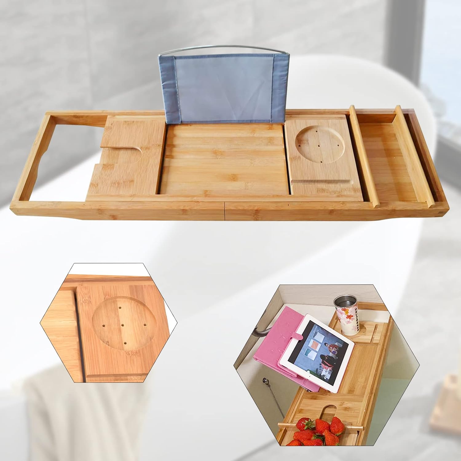 Bamboo Bathtub Tray Expandable Bathroom Tray for Home Spa Relaxation, Premium Foldable Wood Bath Table, Soap Dish, Book, Phone & Tablet Holder, Wine Glass Slot - Relaxing Bath Caddy
