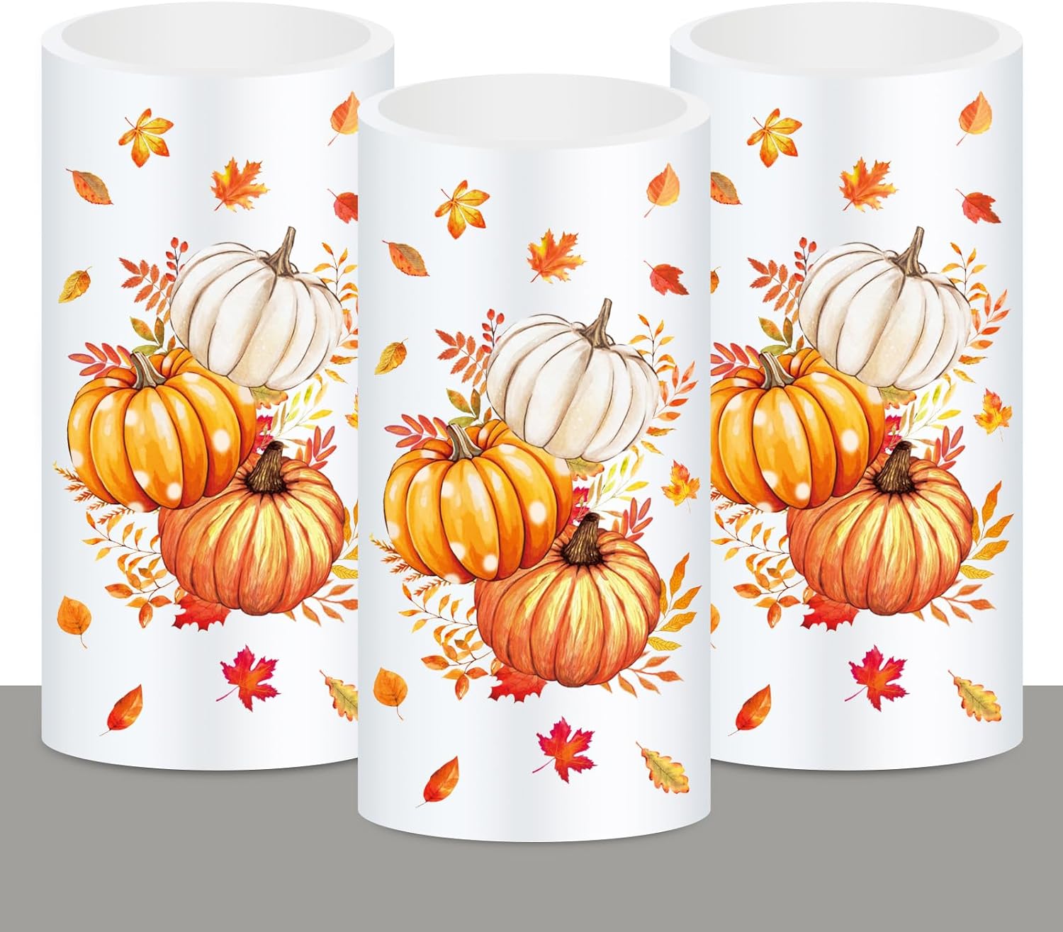 Whaline Fall LED Flameless Candles Orange Pumpkin Warm Light Battery Operated Pillar Candles Autumn Electric Flickering Candle for Thanksgiving Party Home Decor, Set of 3