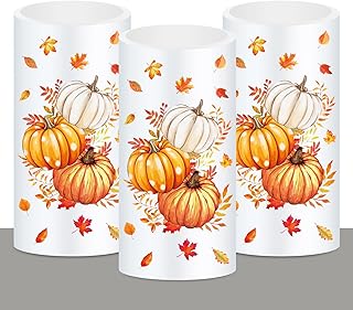 Whaline Fall LED Flameless Candles Orange Pumpkin Warm Light Battery Operated Pillar Candles Autumn Electric Flickering Candle for Thanksgiving Party Home Decor, Set of 3