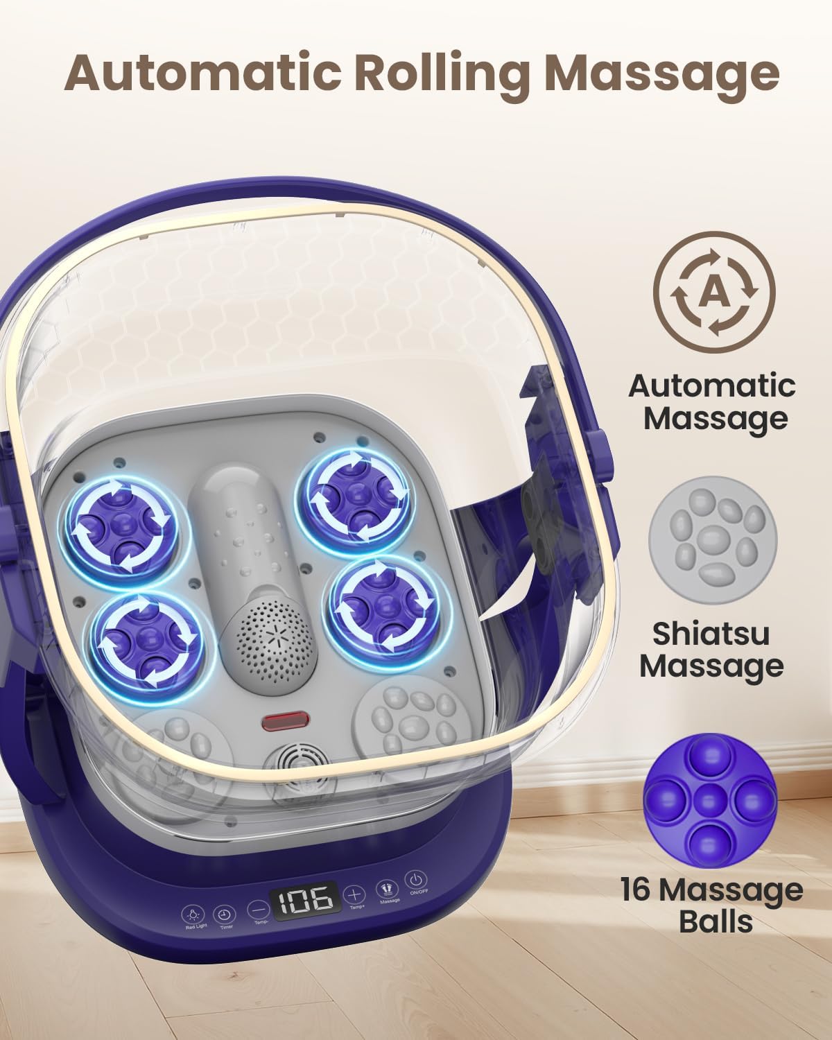 Puboo Electric Foot Bath Massager with Remote, 16 Motorized Massage Balls for Stress Relief, Collapsible Foot Spa Bath Massager with Heat, Pedicure Spa Tub with Temp Control, Purple