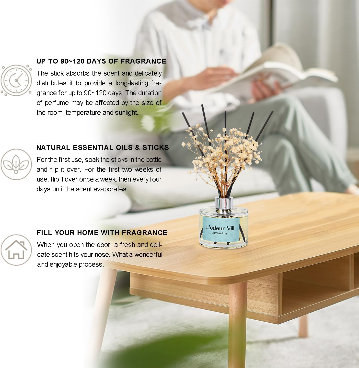 Reed Diffuser Set, 6.7 oz(200ml) Jasmine & Lily Scented Diffuser with 6 Oil Diffuser Sticks, Home Fragrance Essential Oil Reed Diffuser for Home Large Rooms Bathroom Shelf Decor