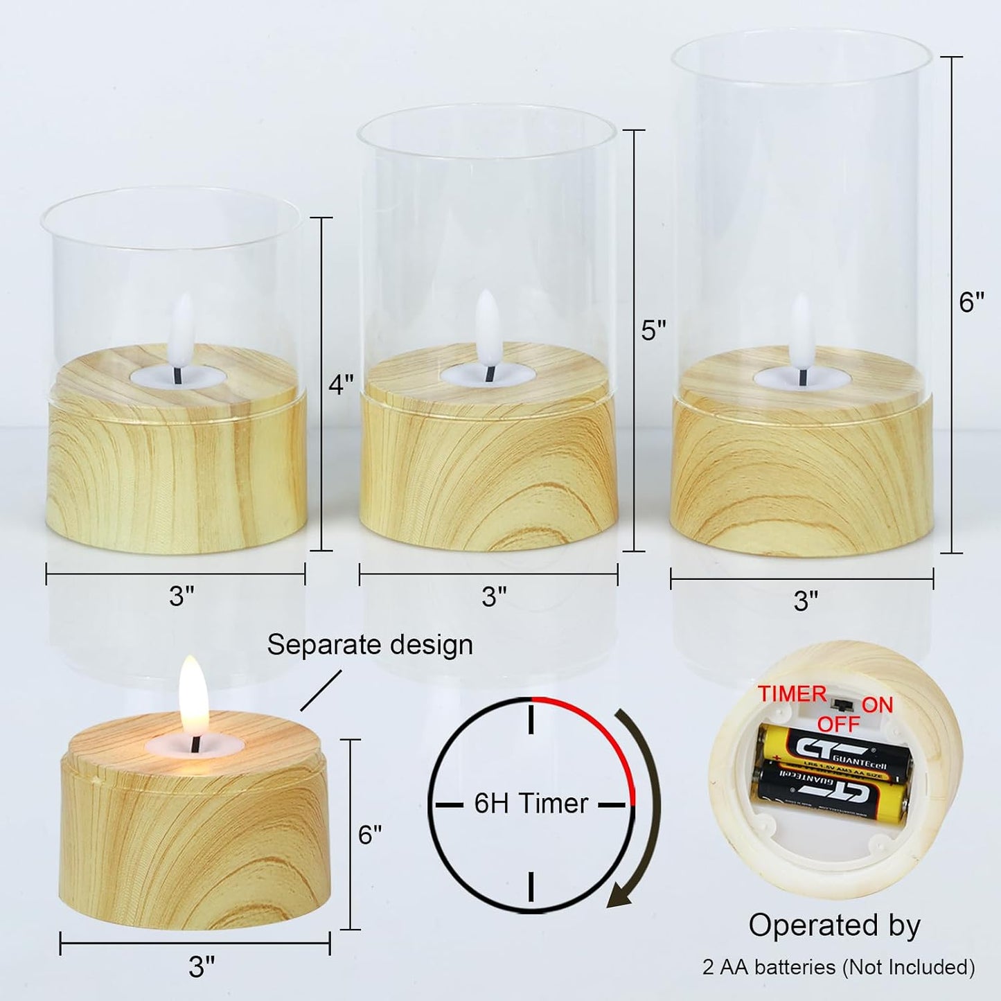 Battery Operated Candles with 6H Timer, 3 Pack Glass LED Flikcering Flameless Candles, Clear Pillar Candles with 3D Flame for Spring Wedding Home Bedroom Decor(Set of 3)