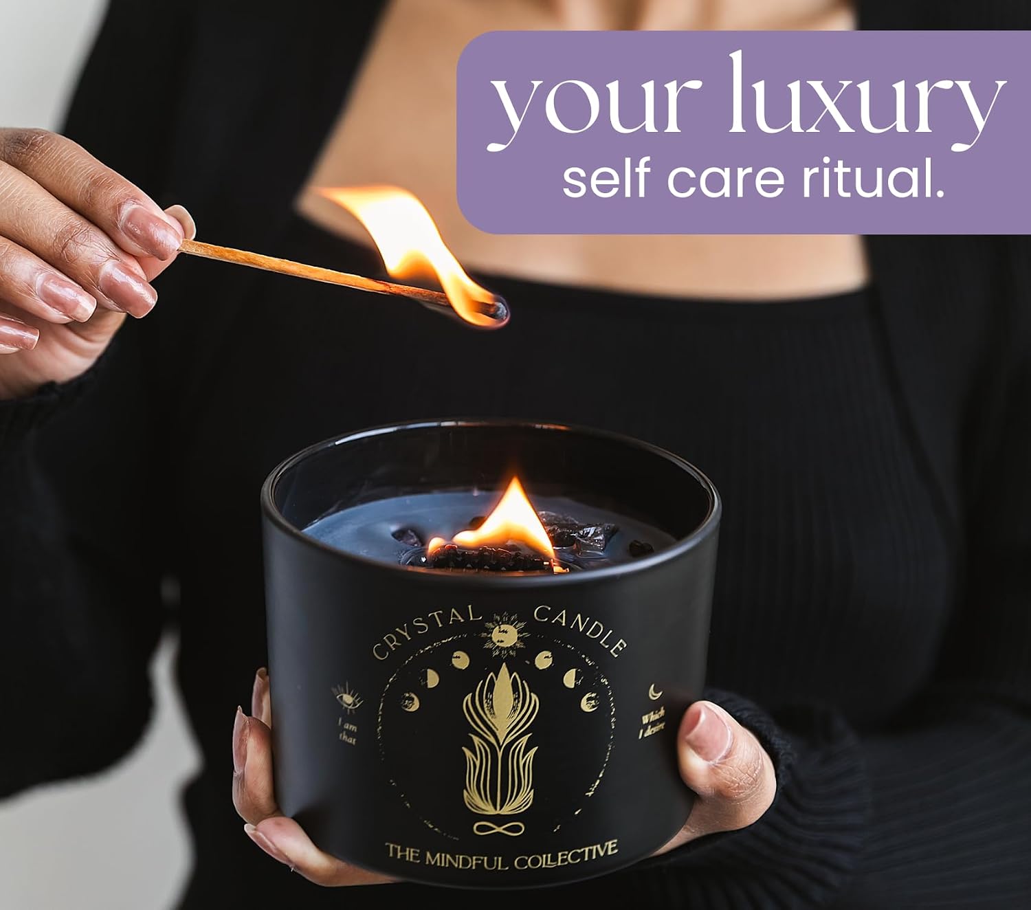 Large Candles for Women - 12oz Soy Wood Wick Candles that Crackle with Crystals and Healing Stones. Non-Toxic Scented, Luxury Aromatherapy (Crystal Black Candle)