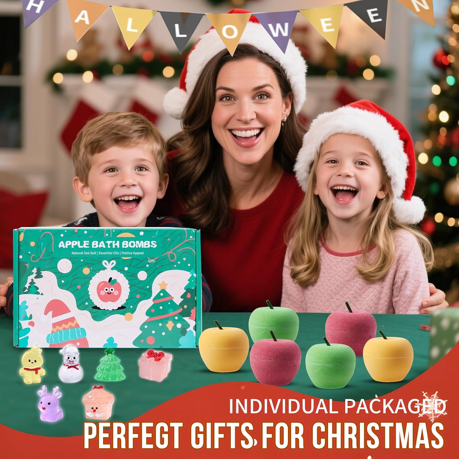 Christmas Bath Bombs for Kids Apple Bath Bombs with Christmas Luminous Mini Resin Toys Inside Christmas Toys All Natural Bath Bomb Christmas Gifts Kids Skin Care Bathbombs