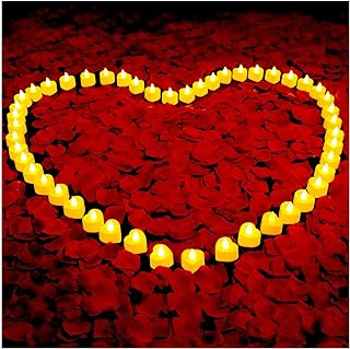 3000 Pcs Artificial Rose Petals with 48 Pcs Heart Flameless Candles Battery LED Tea Lights Candles Set Valentine's Day Wedding Anniversary Decoration