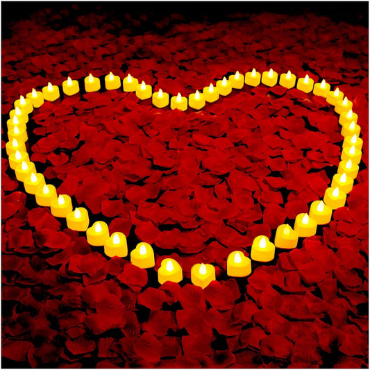 3000 Pcs Artificial Rose Petals with 48 Pcs Heart Flameless Candles Battery LED Tea Lights Candles Set Valentine's Day