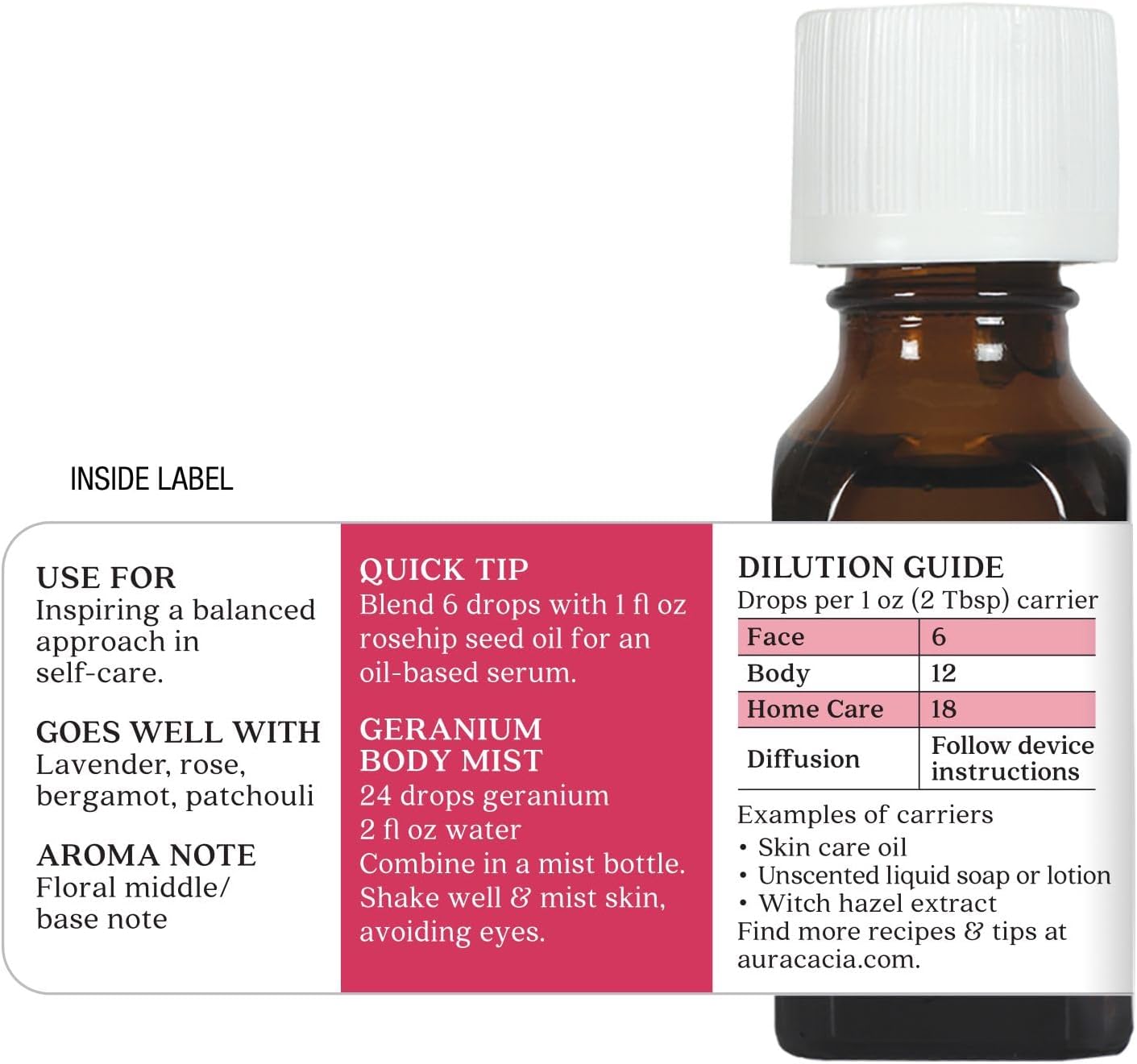 Aura Cacia 100% Pure Geranium Essential Oil | GC/MS Tested for Purity | 15 ml (0.5 fl. oz.) | Pelargonium graveolens