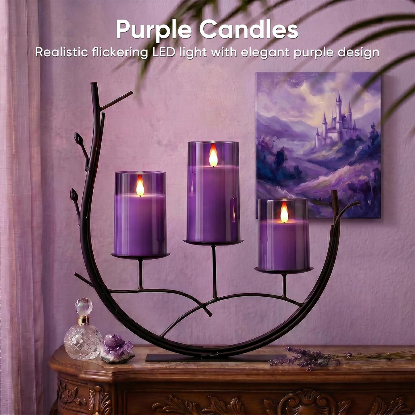 Homemory Purple Flameless Candles, Flickering Battery Operated LED Pillar Candles with Remote Timer, Acrylic Violet Fake Candles, Decorative Candles for Home Wedding Party Halloween Decor, Set of 3