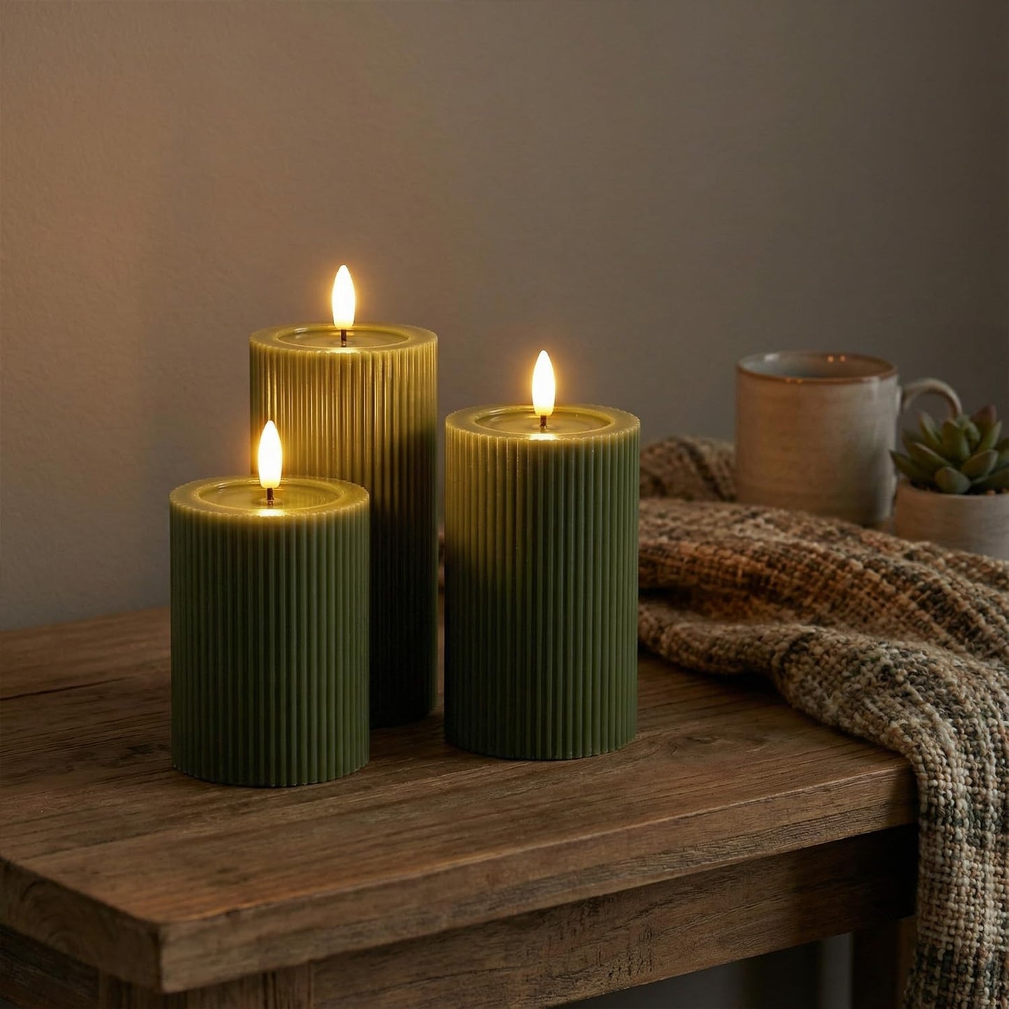 Fluted Ribbed LED Pillar Candles, Loden Green, with Reflective Melted-Wax Effect – Flickering Flame, Remote, Dimmable, Flameless, Battery Operated, Home & Wedding Decor (Set of 3)