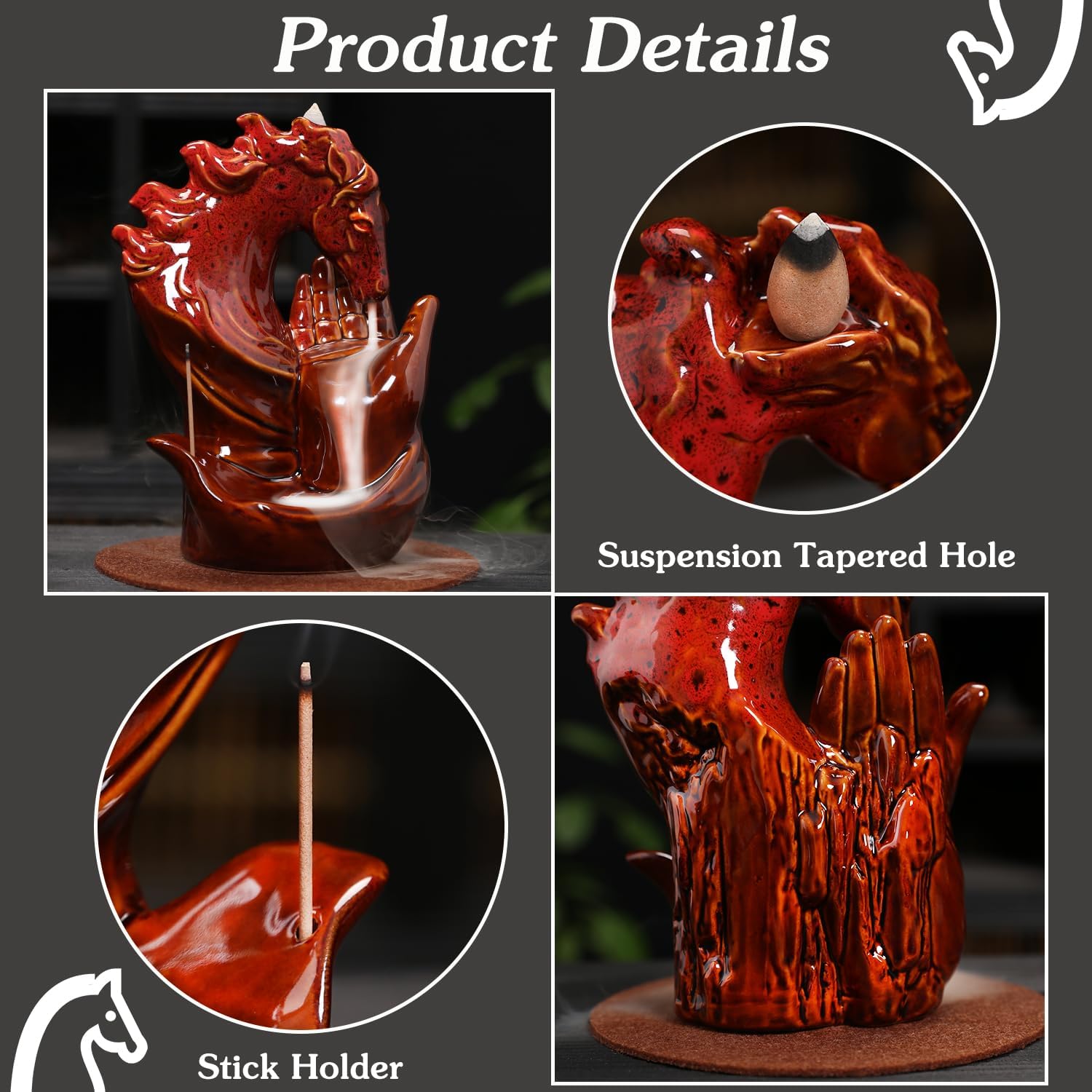 Horse Hand Incense Burner Holder - Ceramic Incense Waterfall Burner Horse, Backflow Horse Smoke Fountain Incense Holder with Cone & Stick Tweezer & Mat for Aromatherapy/Yoga/Home/Room Decor