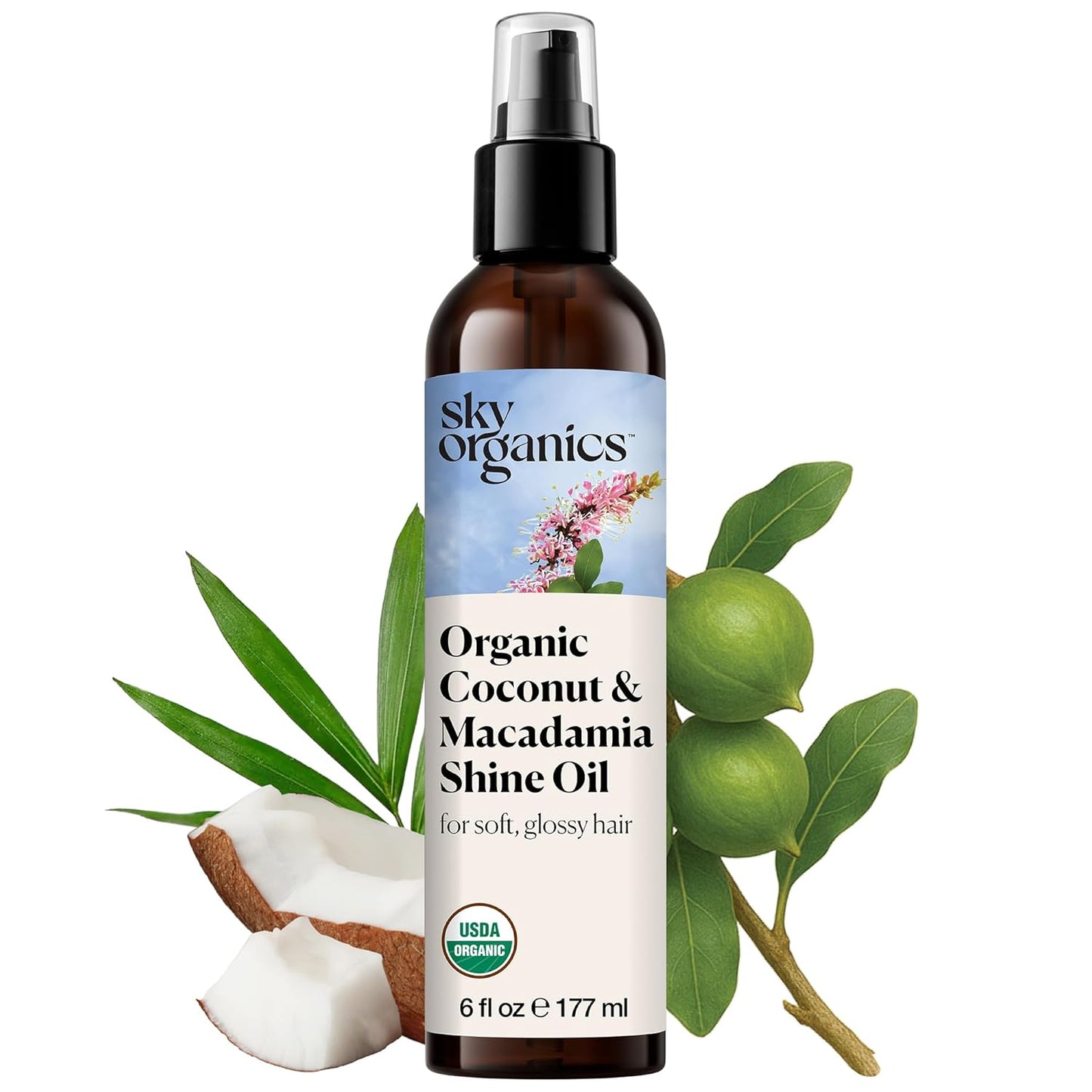 Sky Organics - Organic Coconut & Macadamia Shine Oil (6 fl oz/177 mL) Soft, Glossy, Hydrating Hair Oil - Organic Lavender, Sunflower, & Jojoba - Vegan, Cruelty Free, Hair Care with eBook