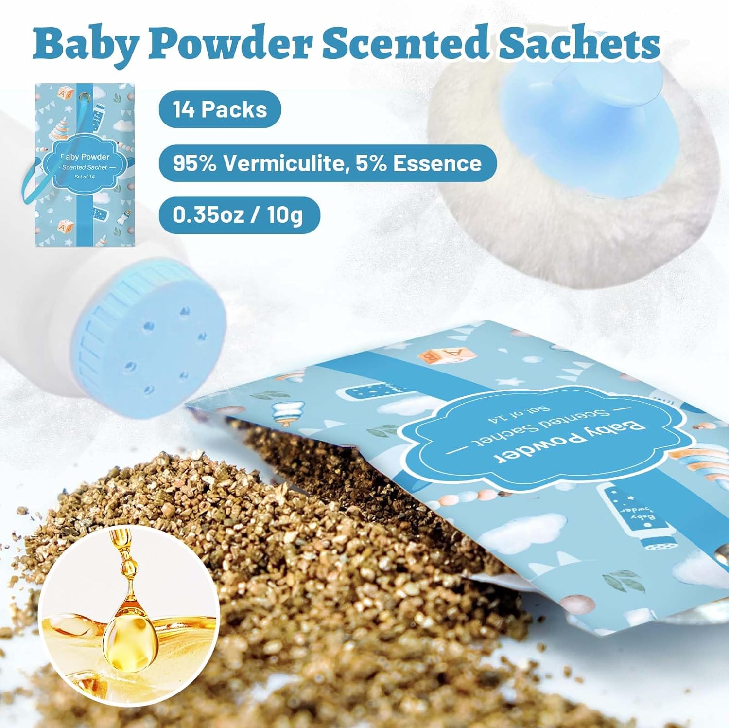 STRN Scented Sachets for Drawer and Closet, Baby Powder Scent Long-Lasting Sachets, 14 Packs for Home Fragrance, Small Space Air Freshener for Wardrobes