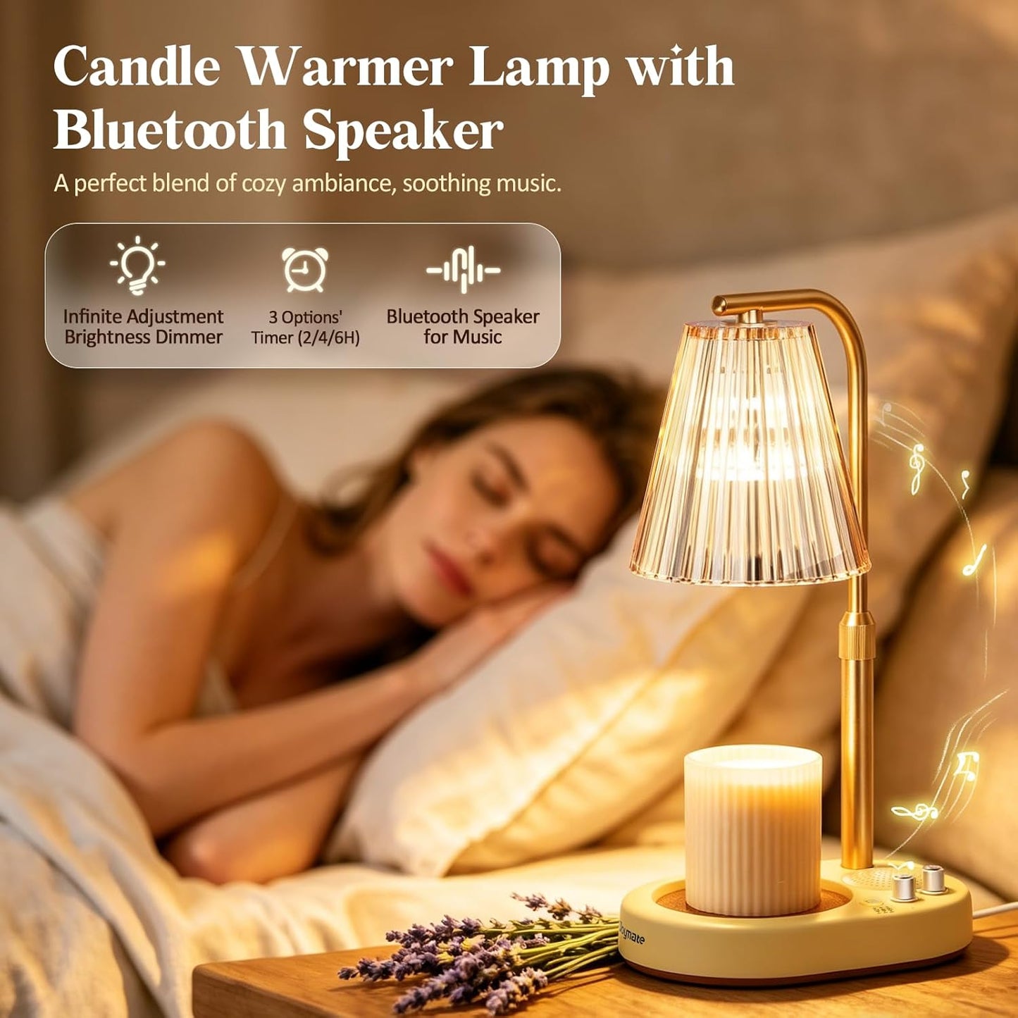 Gifts for Women, Candle Warmer Lamp with Bluetooth Speaker, Timer and Dimmer Candle Warmer Lamp with Height-Adjustable Pole Fits Different Wax Jars Perfect for Sleep, Relaxation & Home Decor
