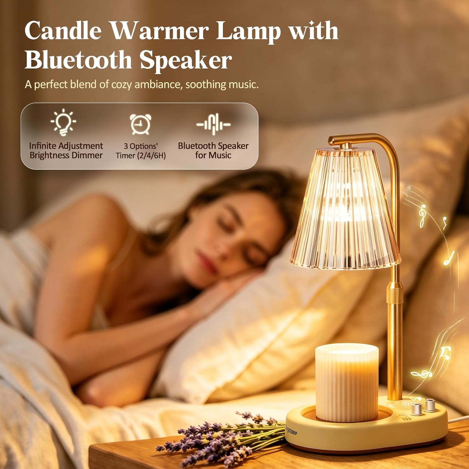 Gifts for Women, Candle Warmer Lamp with Bluetooth Speaker, Timer and Dimmer Candle Warmer Lamp with Height-Adjustable Pole Fits Different Wax Jars Perfect for Sleep, Relaxation & Home Decor