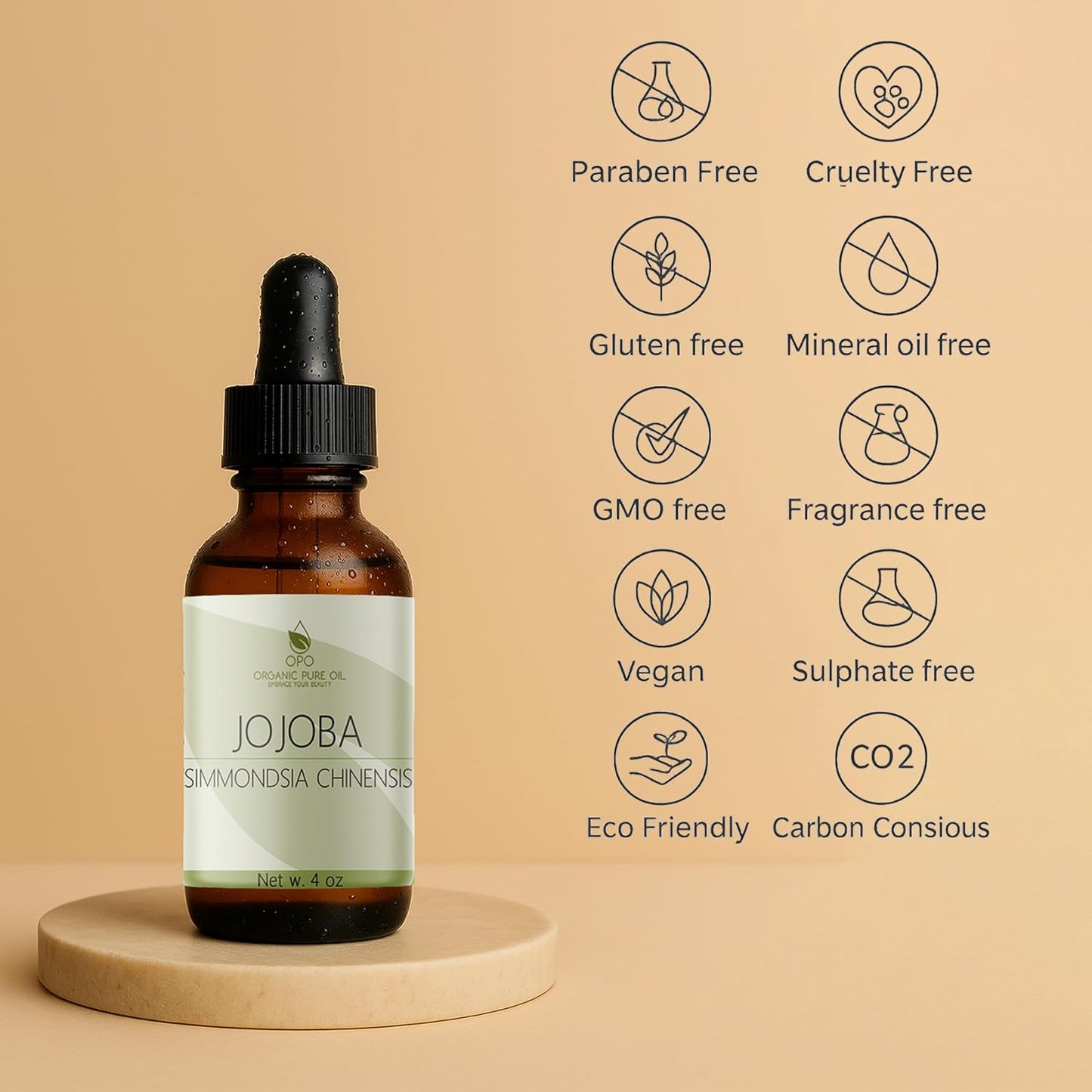 Jojoba Oil - Pure, Cold Pressed, Unrefined, Virgin Hydrating & Moisturizing Carrier Oil for Skin, Hair, Face, Facial Care, Body, Massage, Ear, Beard, Makeup Remover - 4 oz Glass & Dropper - OPO