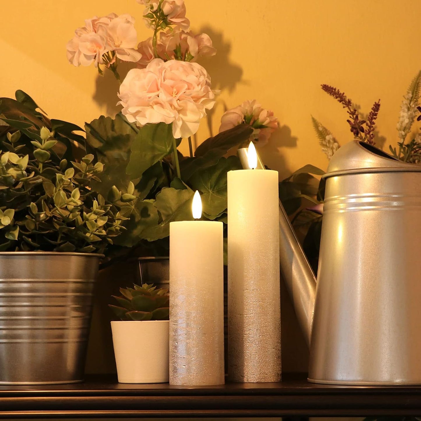 Fanna Set of 4 Skinny Silver Battery Operated Flameless LED Candles Textured Wax Finish, Batteries & Remote Included - Dia.2 inches