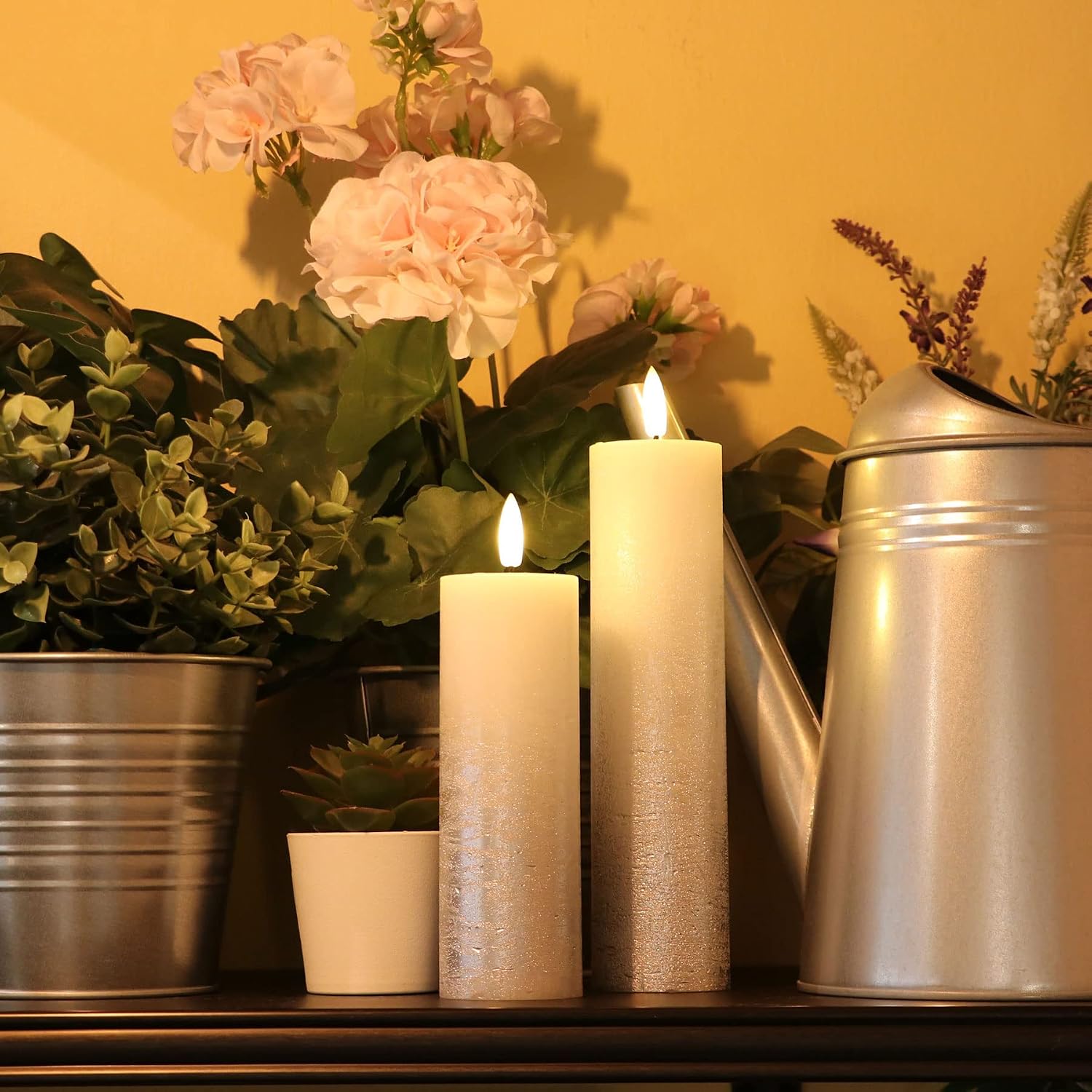Fanna Set of 4 Skinny Silver Battery Operated Flameless LED Candles Textured Wax Finish, Batteries & Remote Included - Dia.2 inches