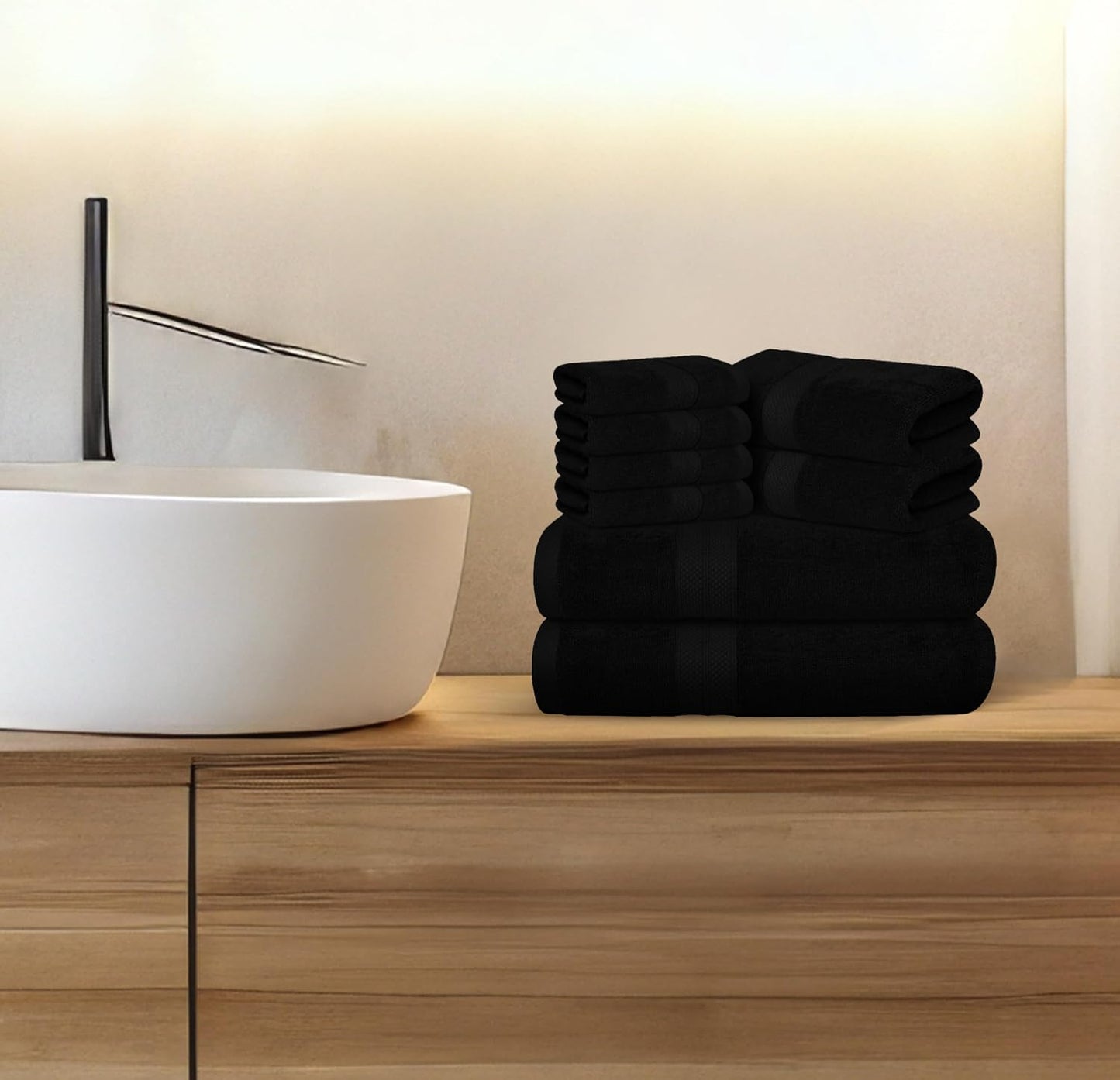 Avalon Towels Luxury 8 Piece Black Towels Set, 2 Bath Towels, 2 Hand Towels and 4 Washcloths, 600 GSM 100% Ring Spun Cotton Highly Absorbent Black Bathroom Towels, Ideal for Hotel, Spa and Gym